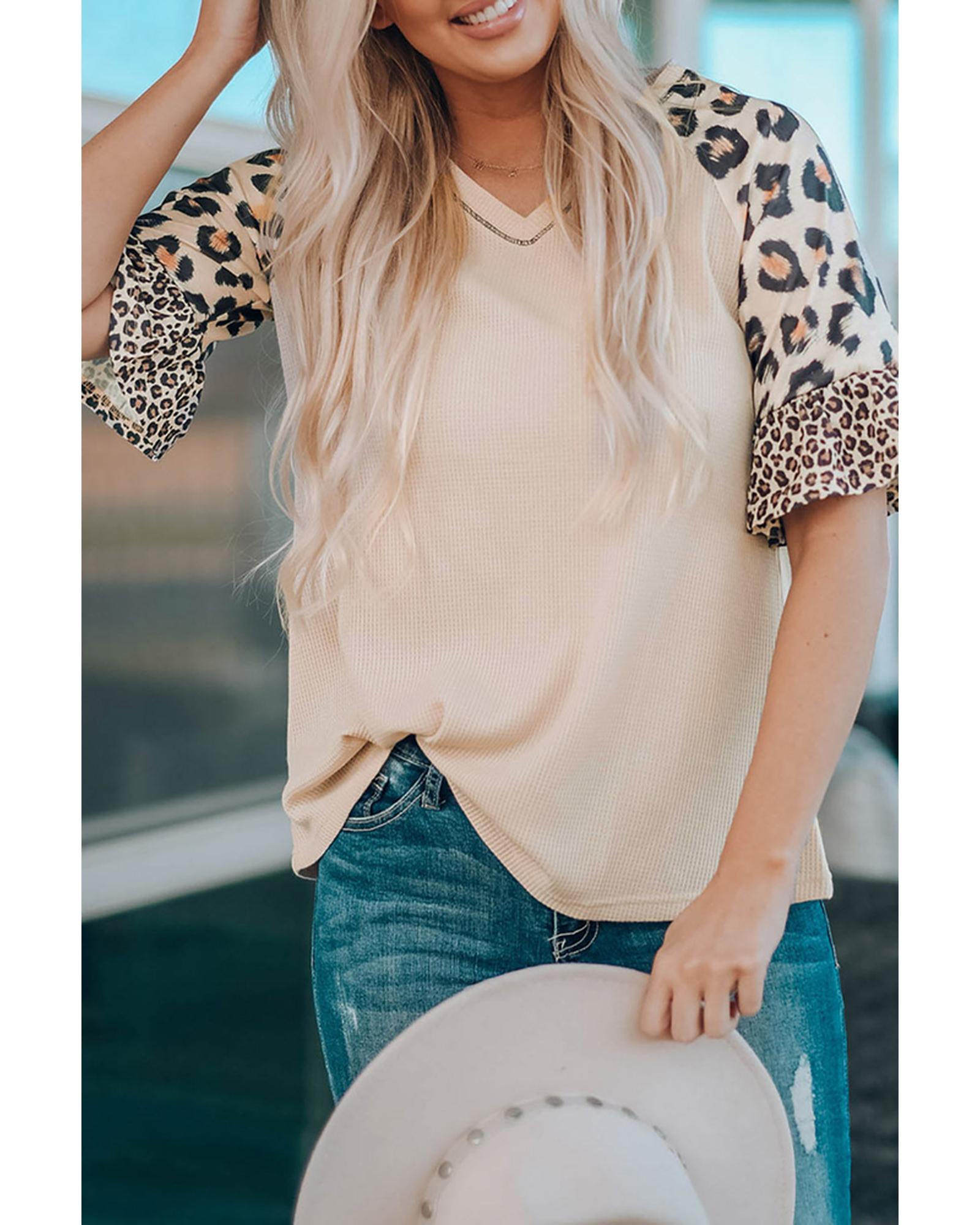 Azura Exchange Leopard Ruffle Sleeve Waffle Knit Top - L