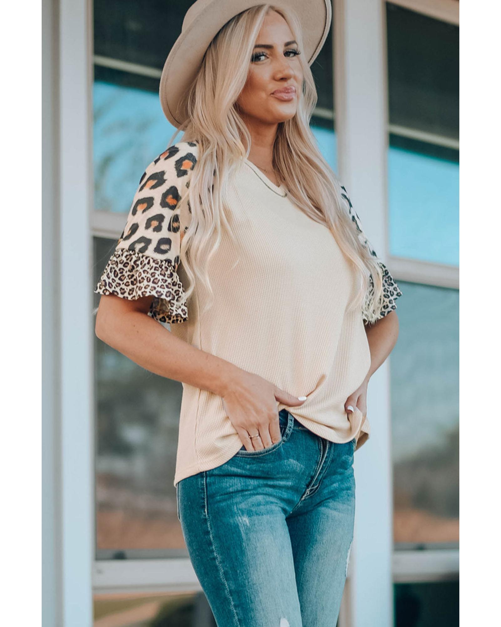 Azura Exchange Leopard Ruffle Sleeve Waffle Knit Top - L