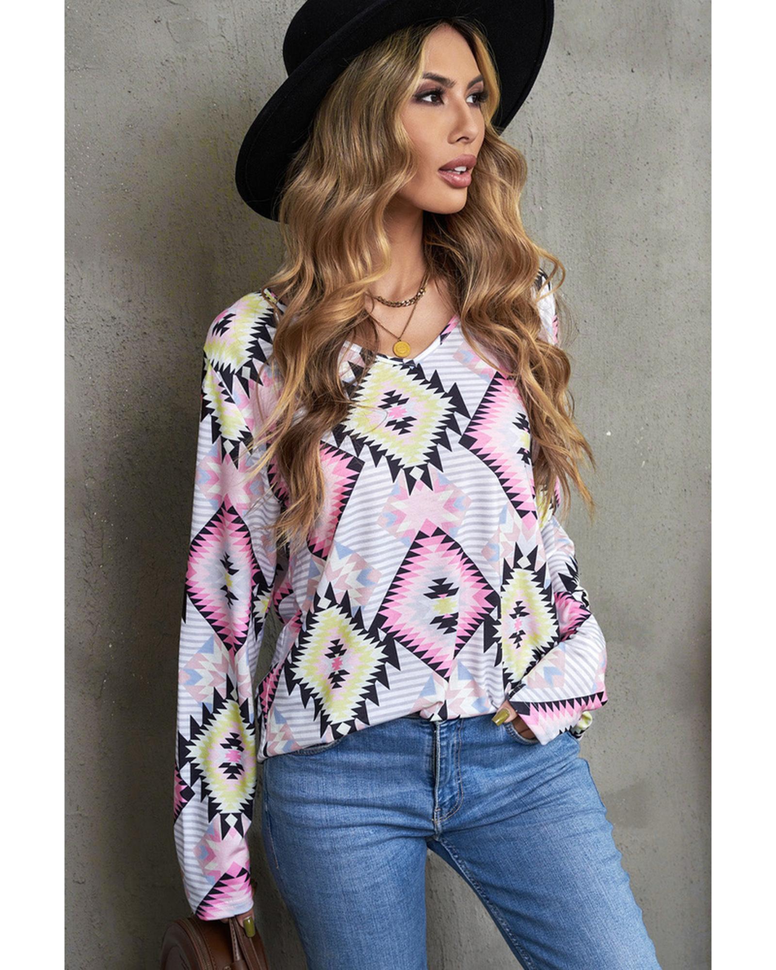 Azura Exchange Striped Aztec Print Long Sleeve Top - L