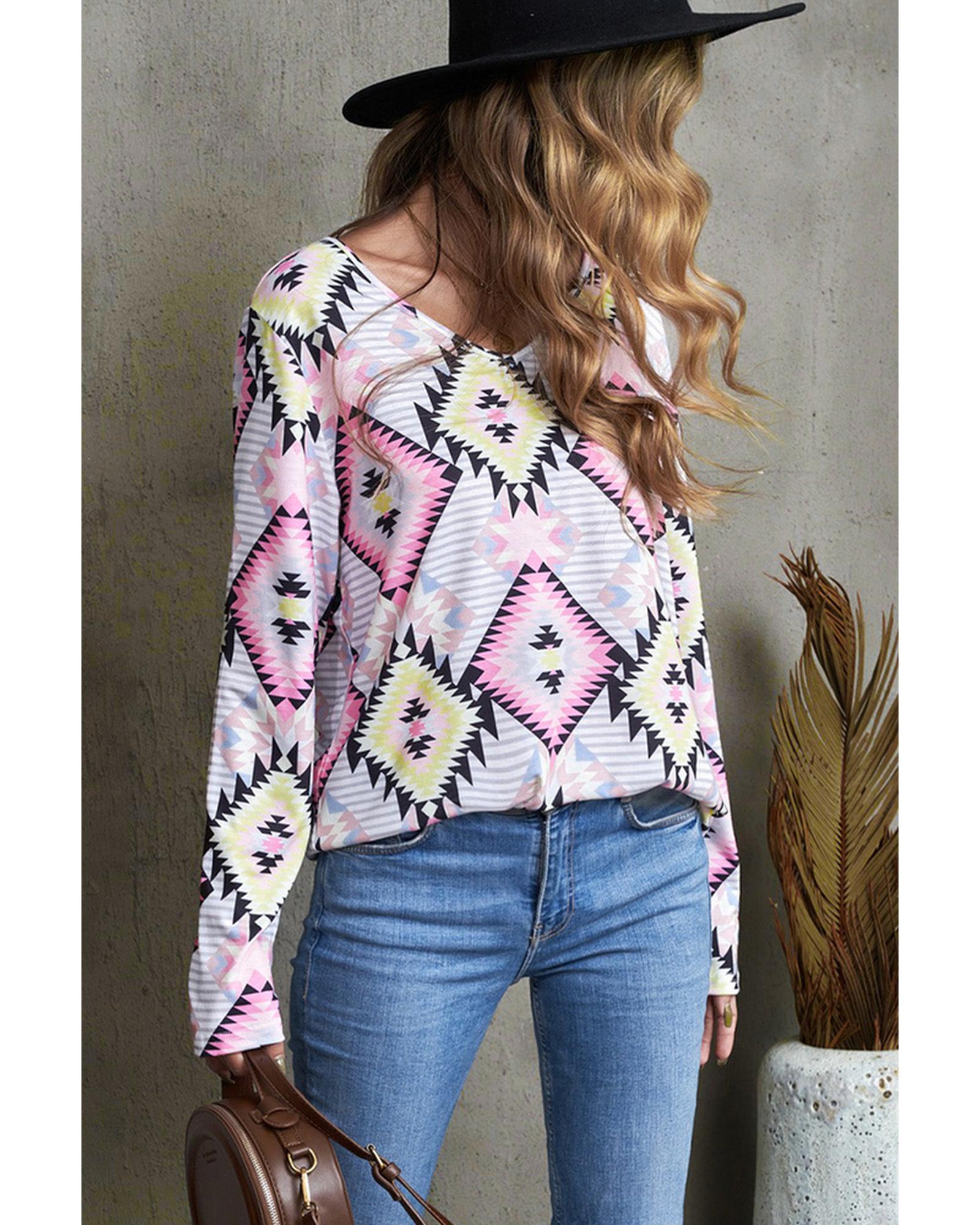 Azura Exchange Striped Aztec Print Long Sleeve Top - L