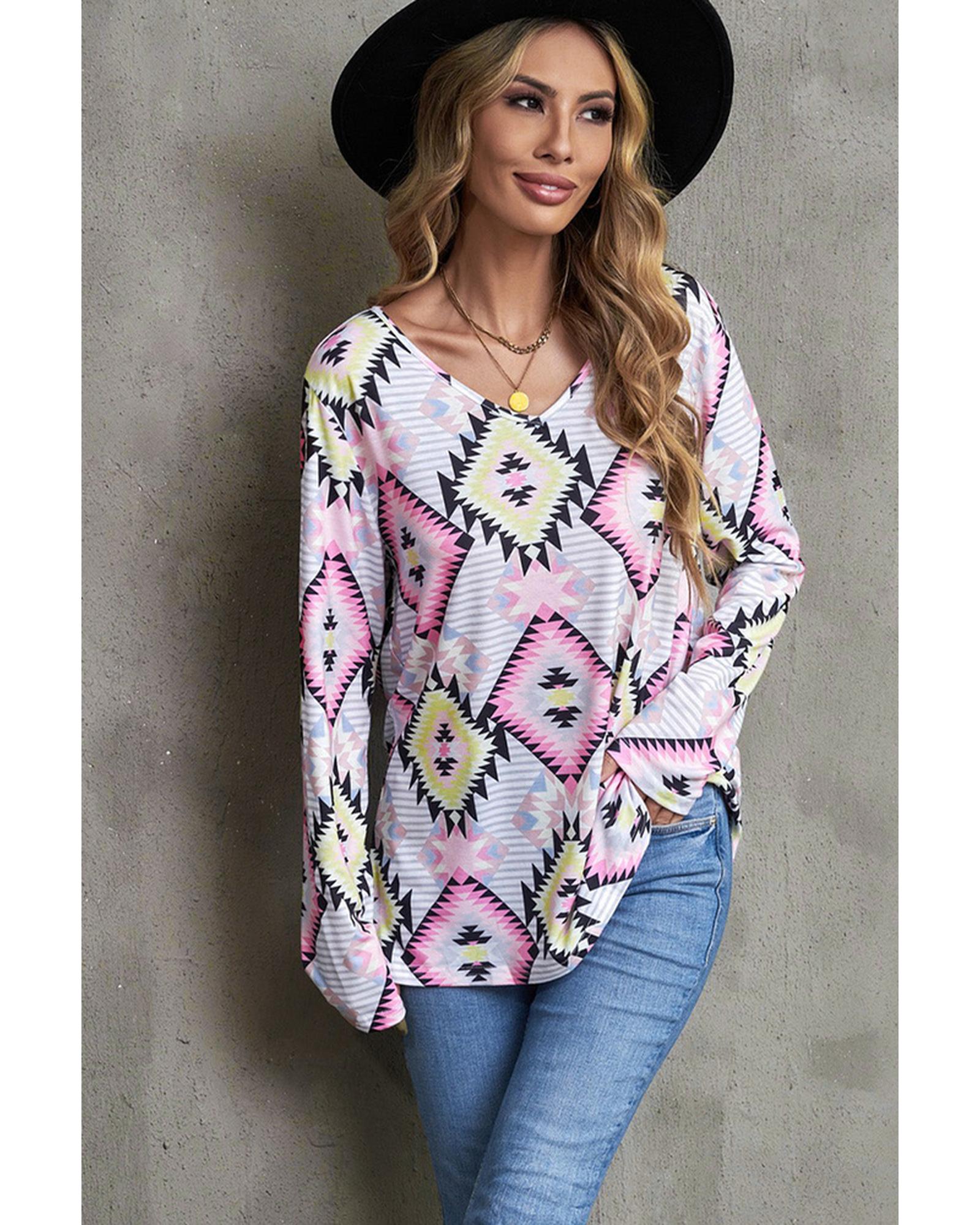 Azura Exchange Striped Aztec Print Long Sleeve Top - L