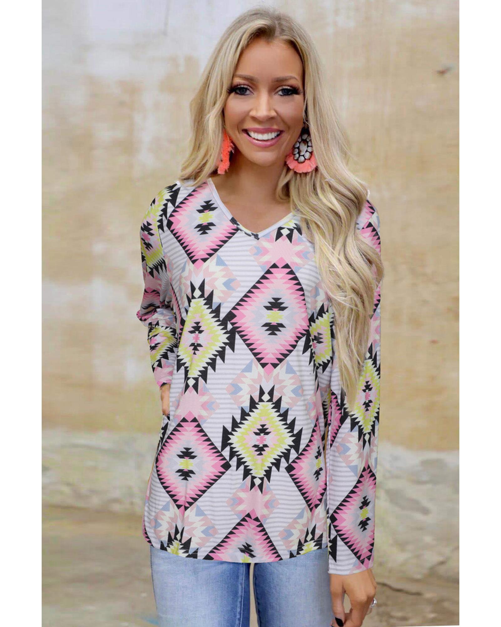Azura Exchange Striped Aztec Print Long Sleeve Top - L
