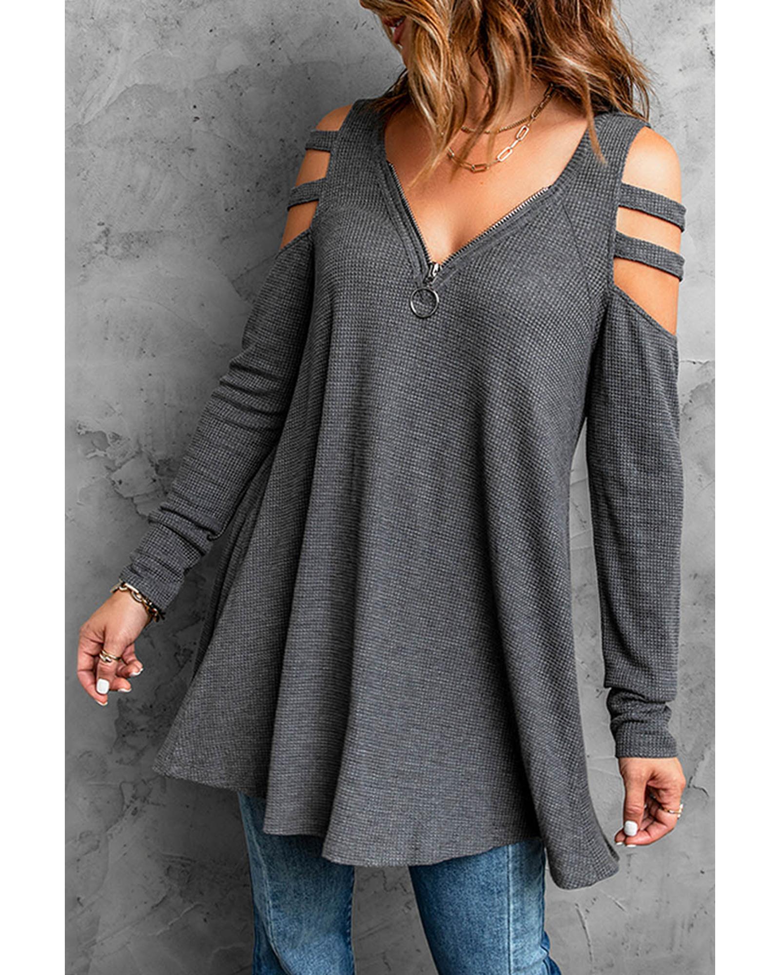 Azura Exchange Cut-out Waffle Knit Long Sleeve Top - L