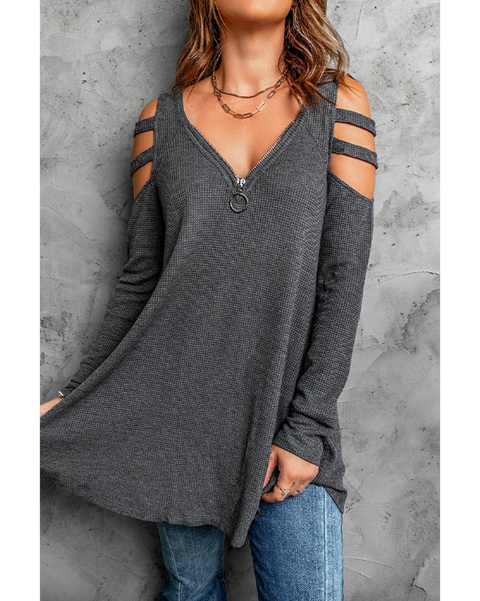 Azura Exchange Cut-out Waffle Knit Long Sleeve Top - L