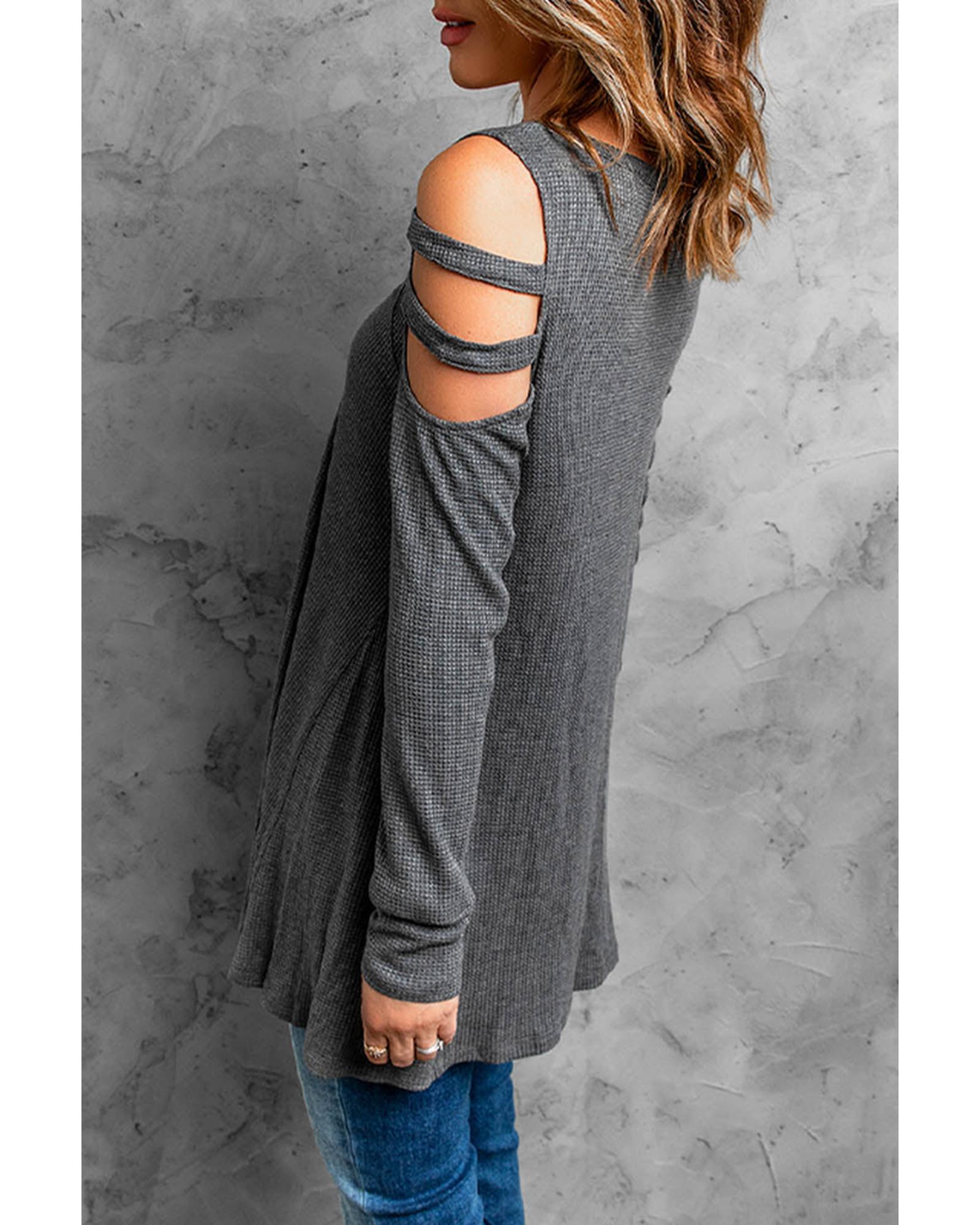 Azura Exchange Cut-out Waffle Knit Long Sleeve Top - L