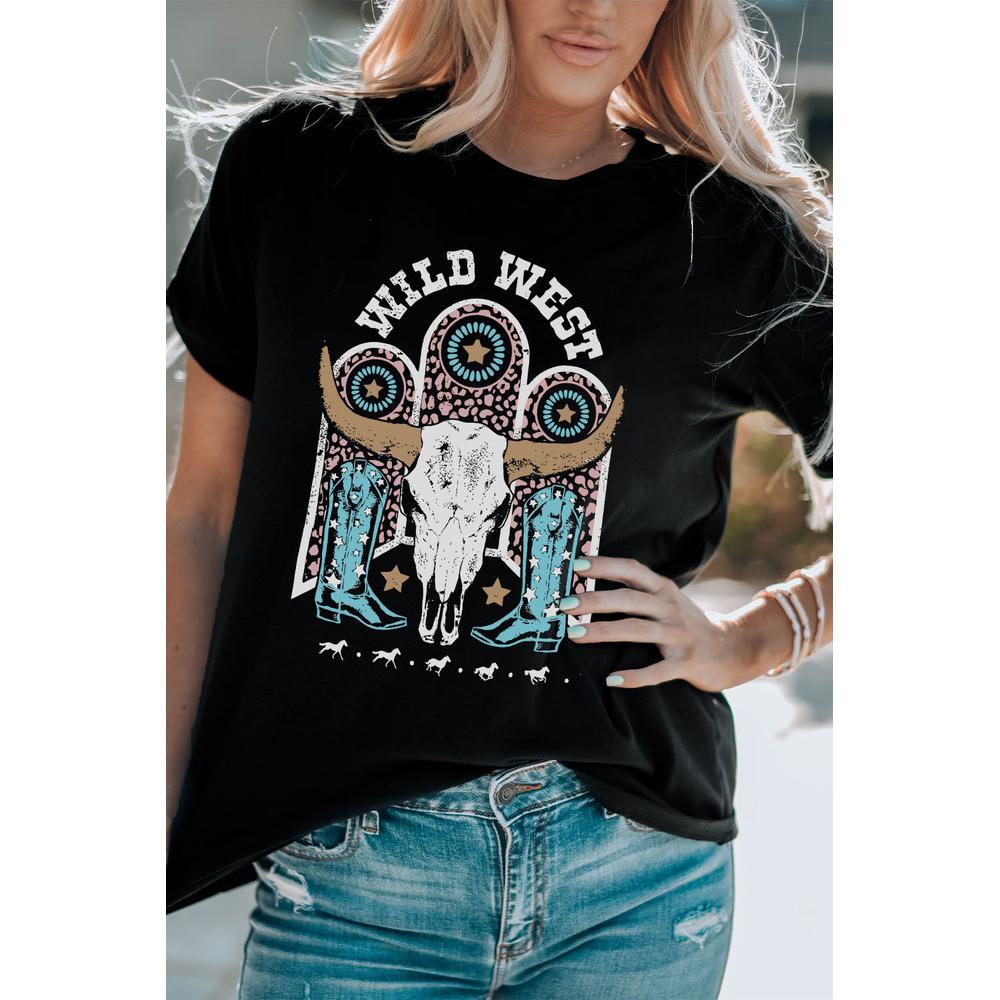 Azura Exchange Steer Skull Graphic Print T-Shirt - S
