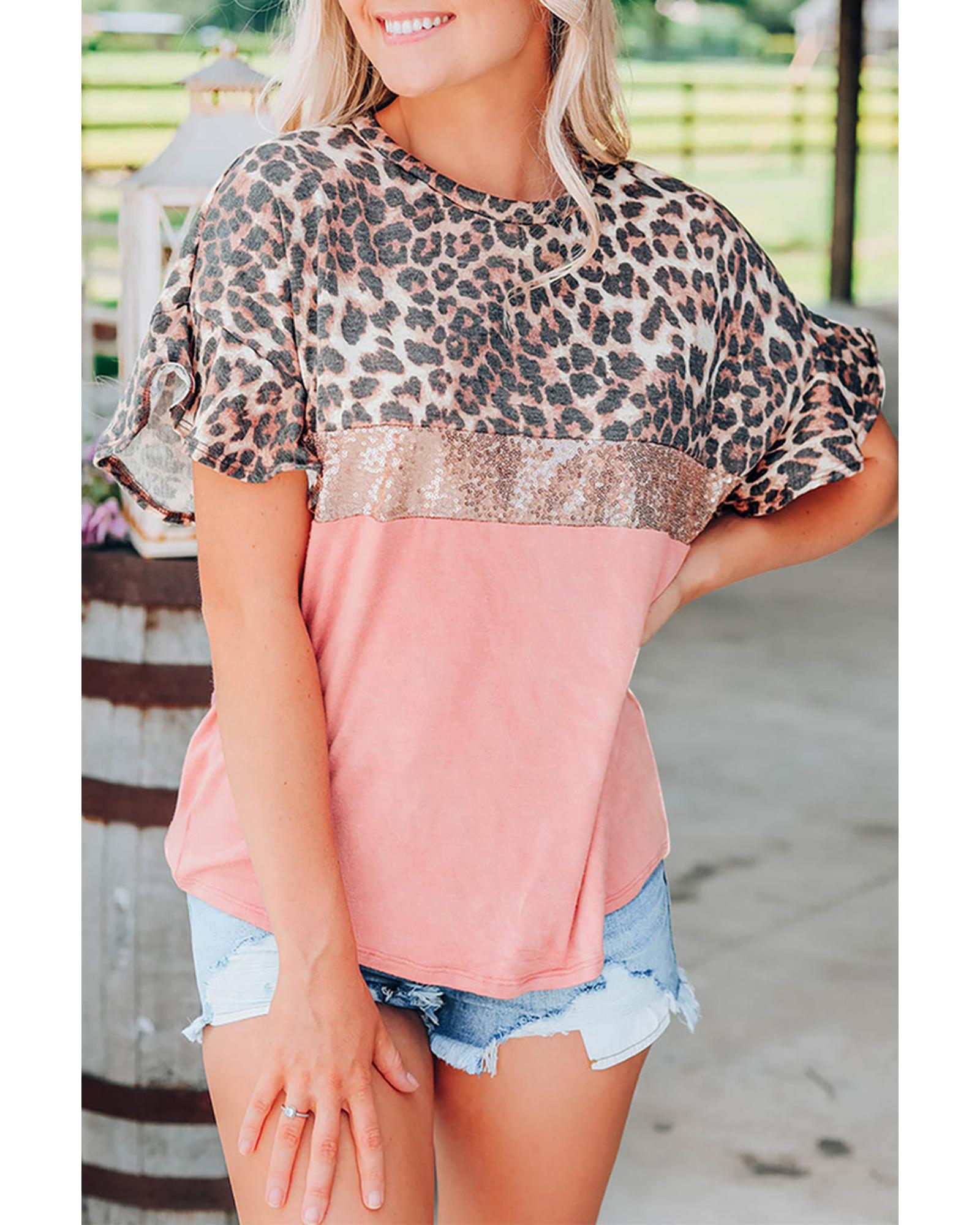 Azura Exchange Sequin Patchwork Short Sleeve Top - S