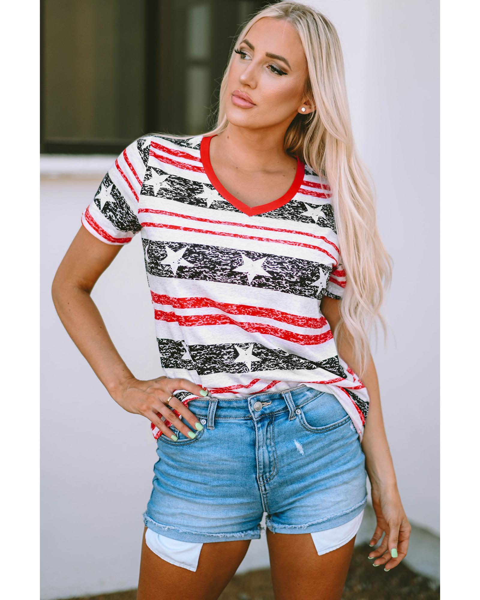 Azura Exchange Star and Stripe Print V-Neck T-Shirt - M