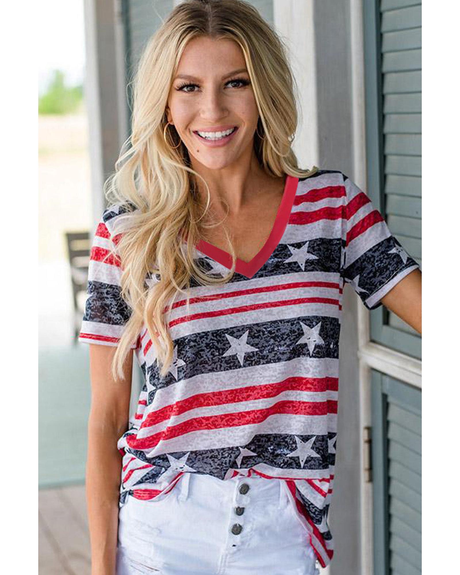 Azura Exchange Star and Stripe Print V-Neck T-Shirt - S