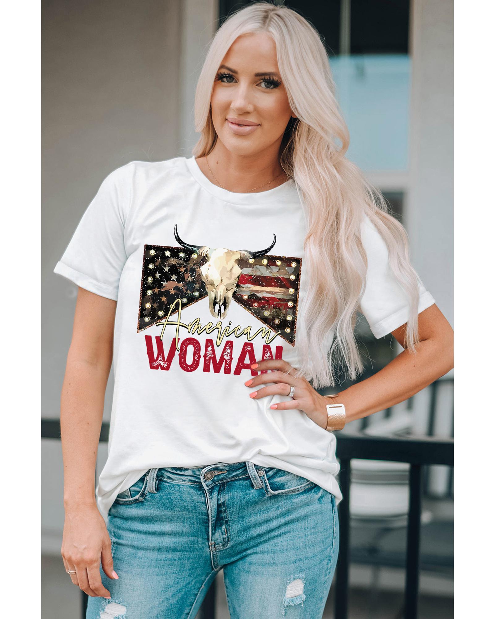 White American Woman Bull Skull Graphic T Shirt - 2XL