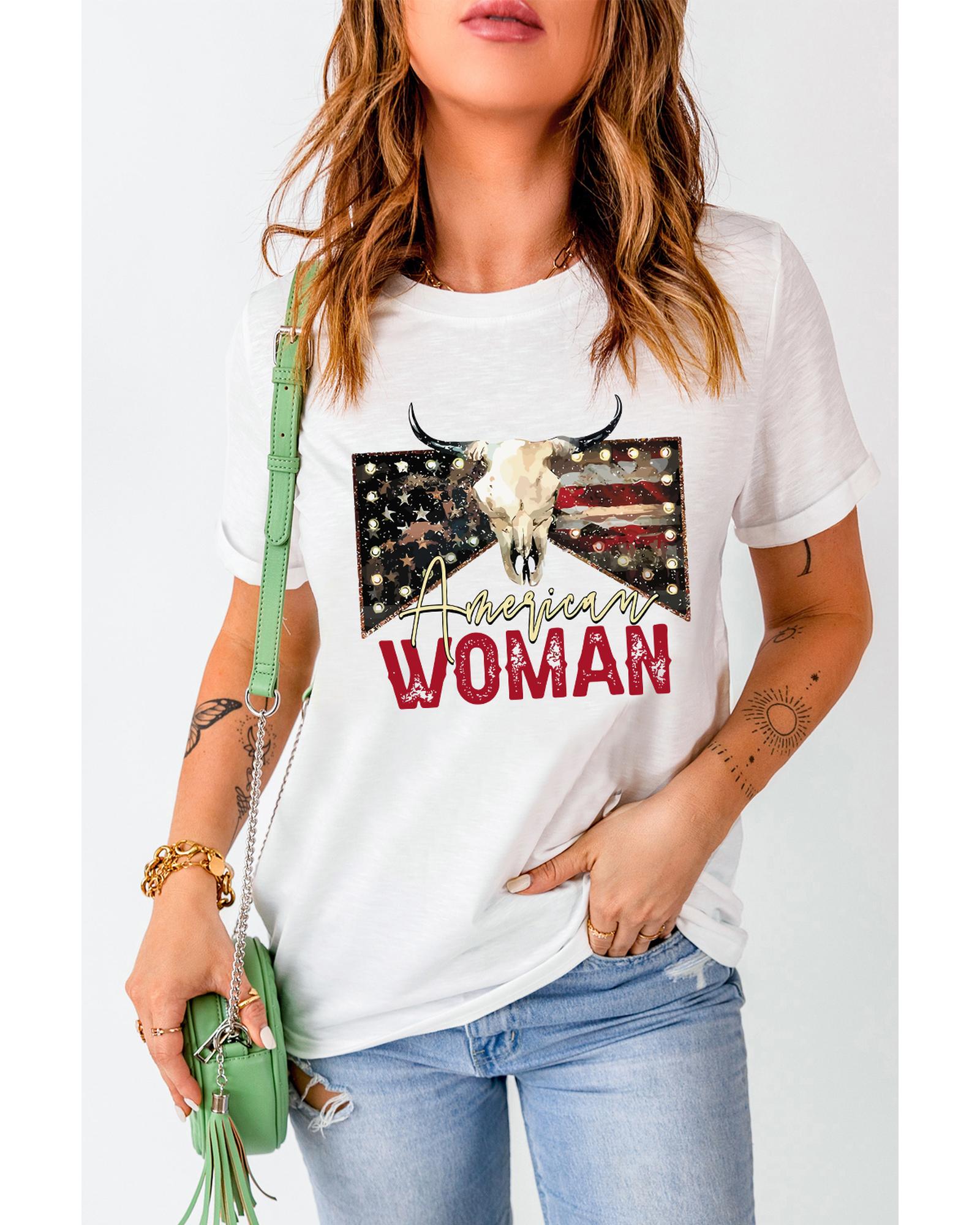 White American Woman Bull Skull Graphic T Shirt - 2XL