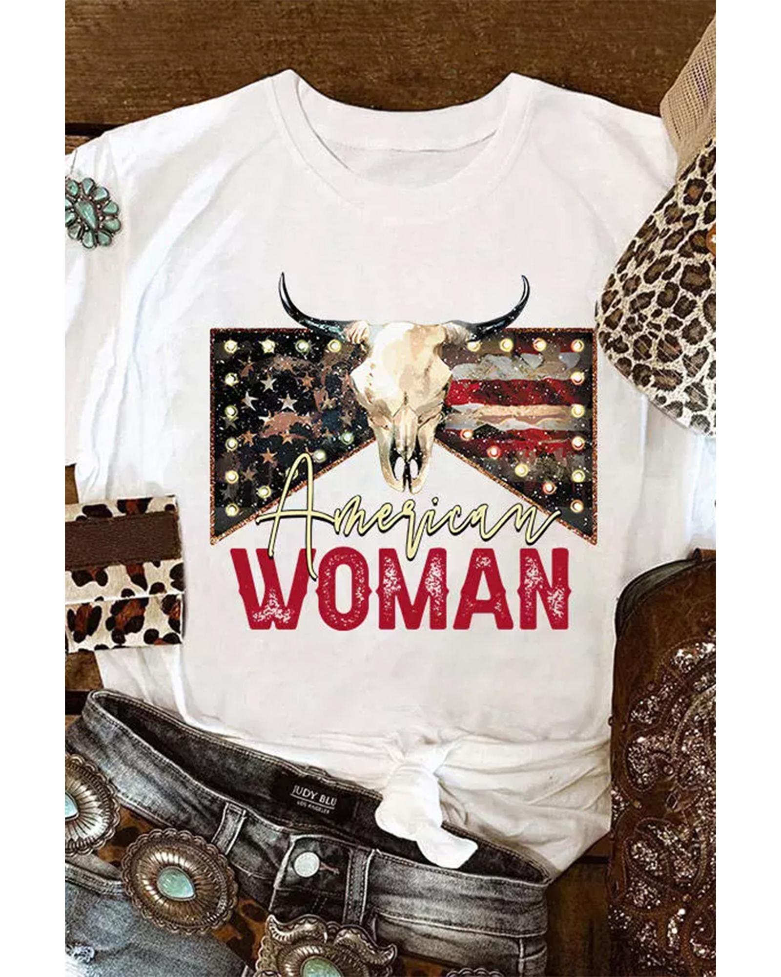 White American Woman Bull Skull Graphic T Shirt - M