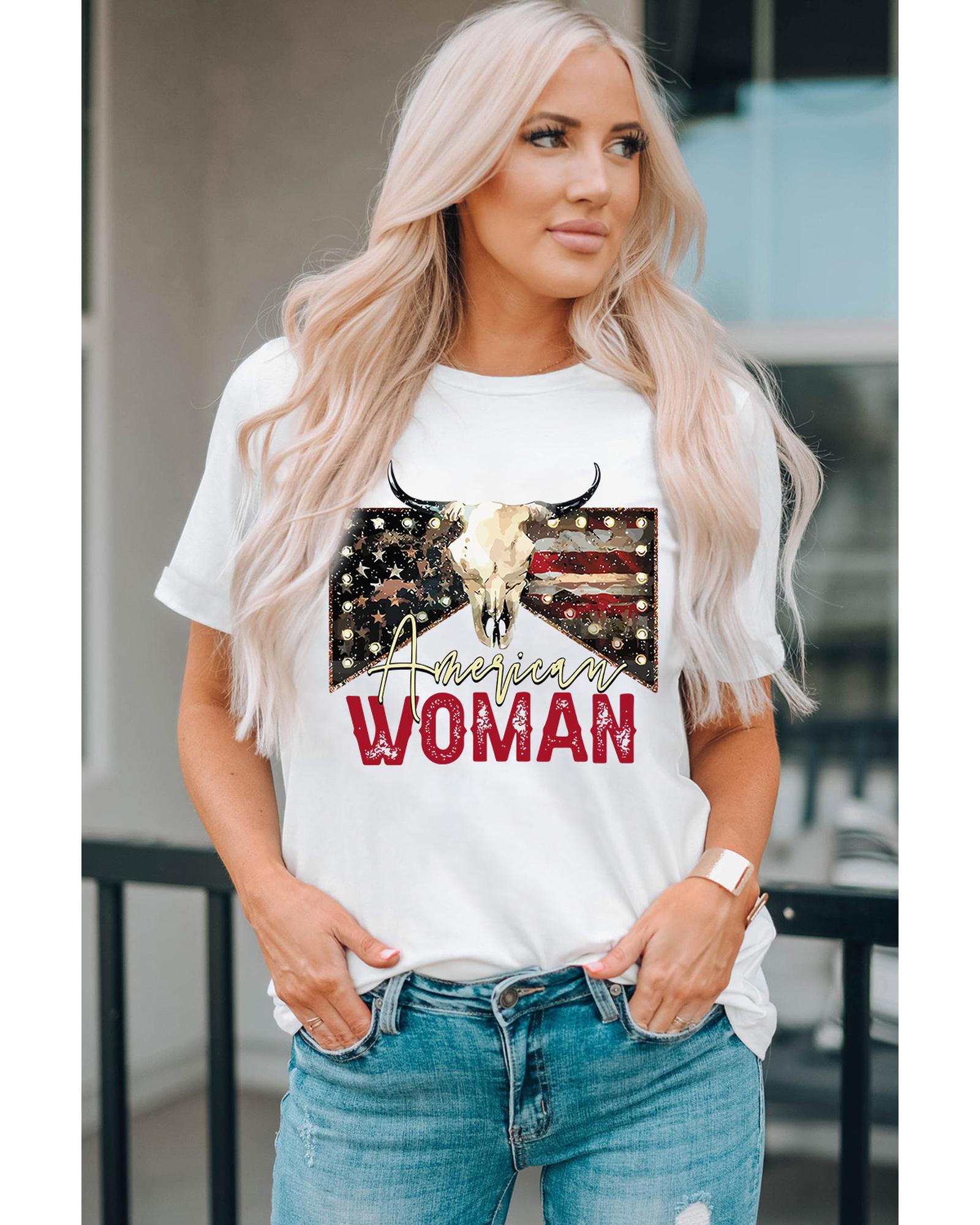 White American Woman Bull Skull Graphic T Shirt - XL