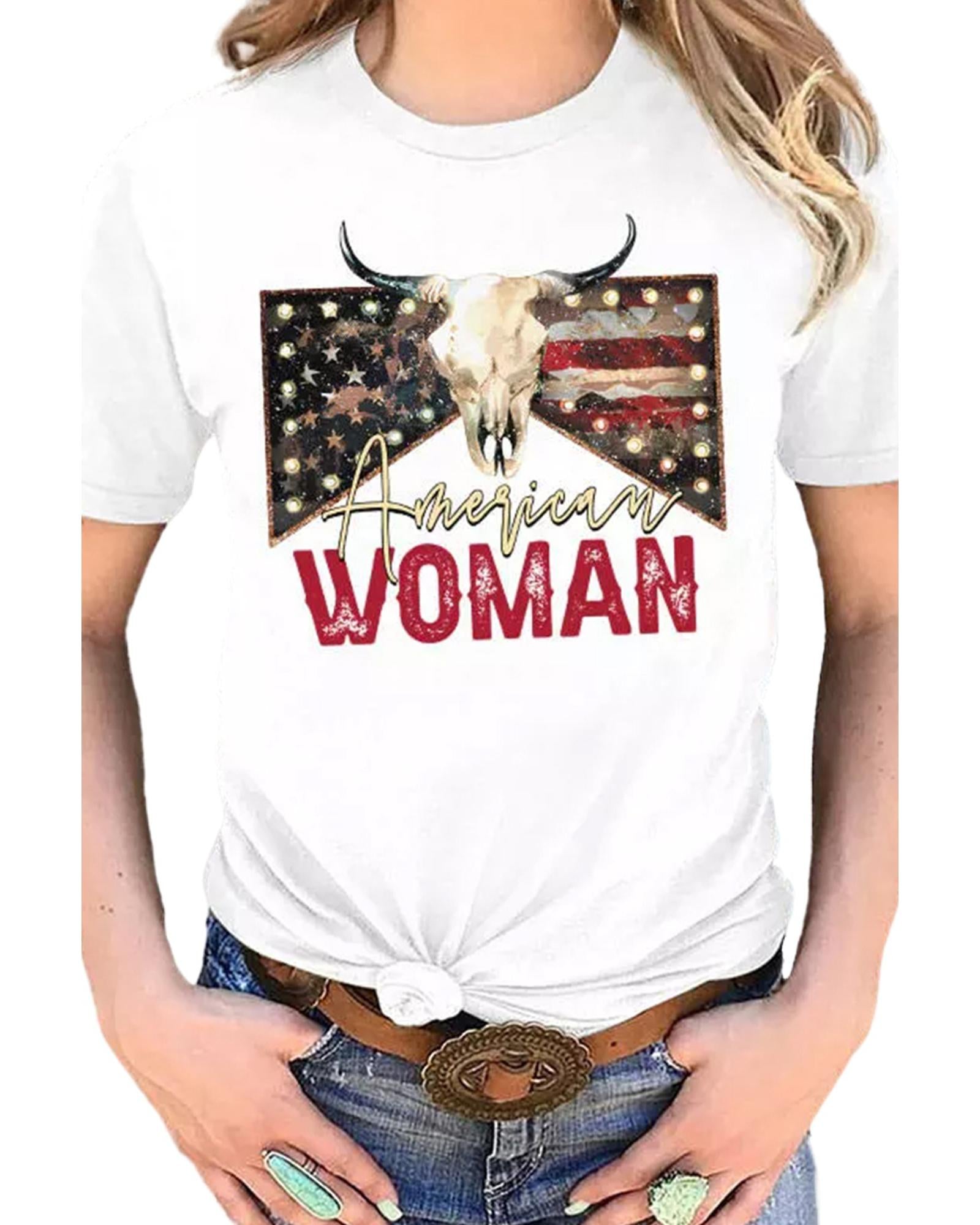 White American Woman Bull Skull Graphic T Shirt - XL
