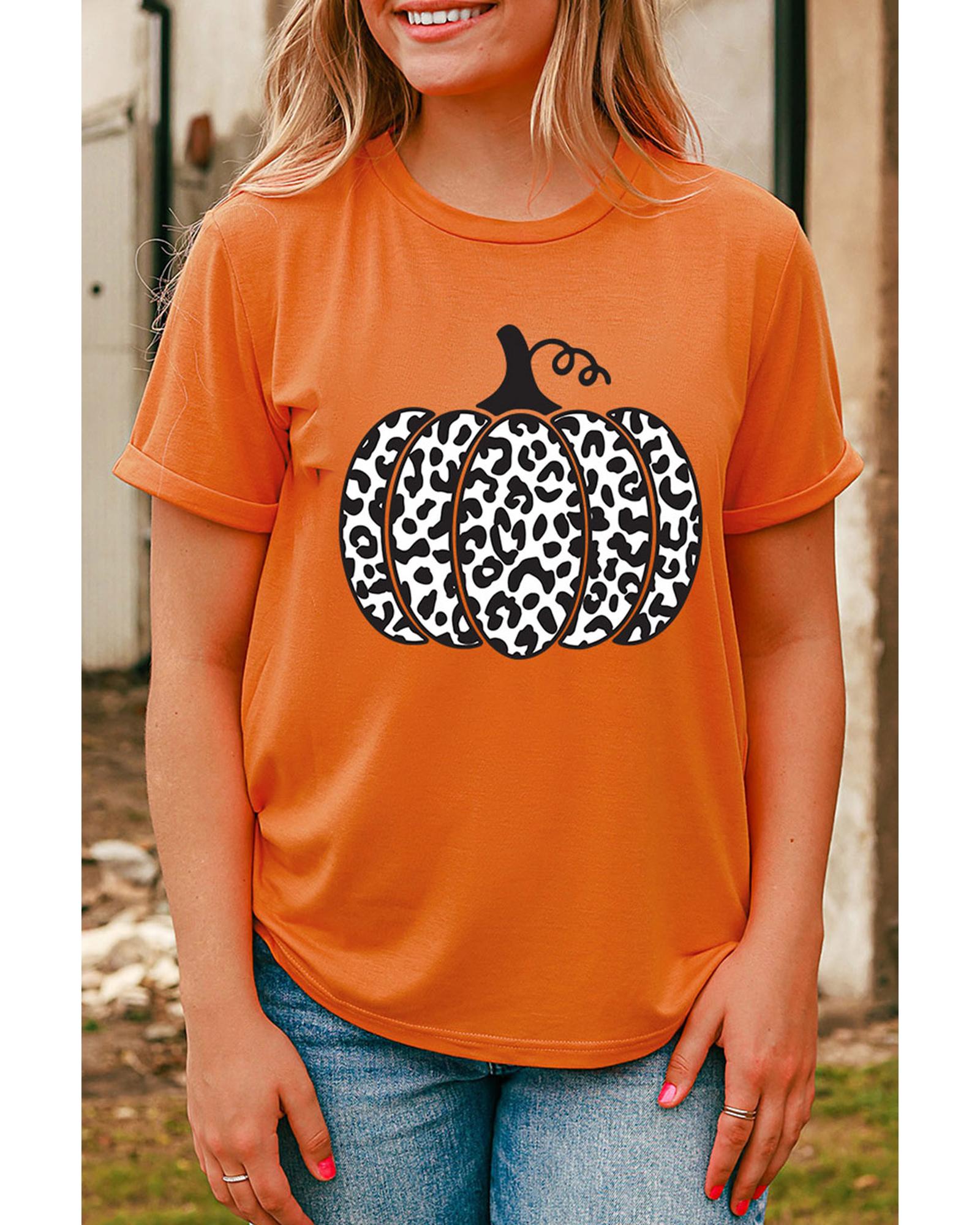 Orange Leopard Pumpkin Graphic Daily Fashion Tee - S