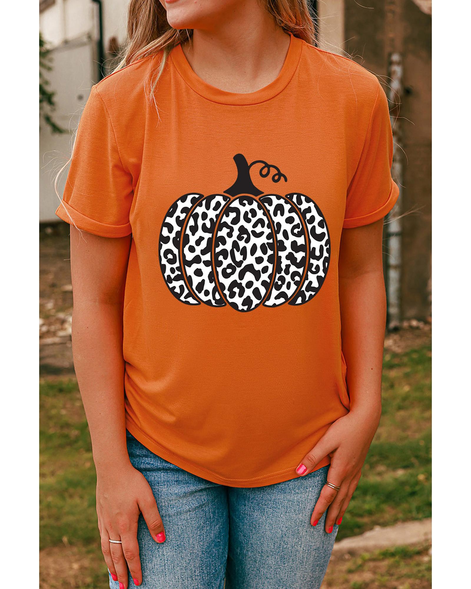 Orange Leopard Pumpkin Graphic Daily Fashion Tee - S