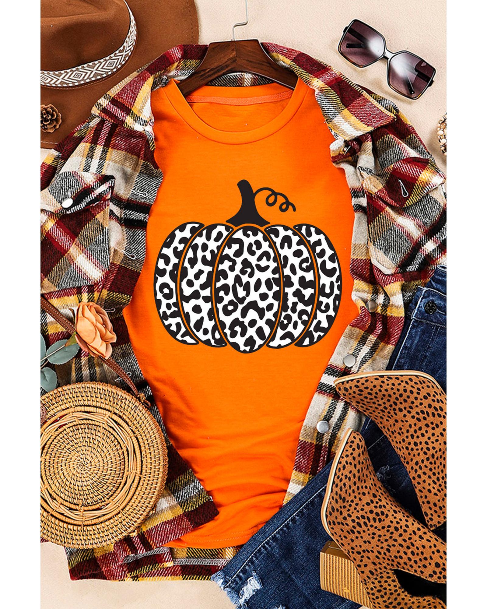 Orange Leopard Pumpkin Graphic Daily Fashion Tee - S