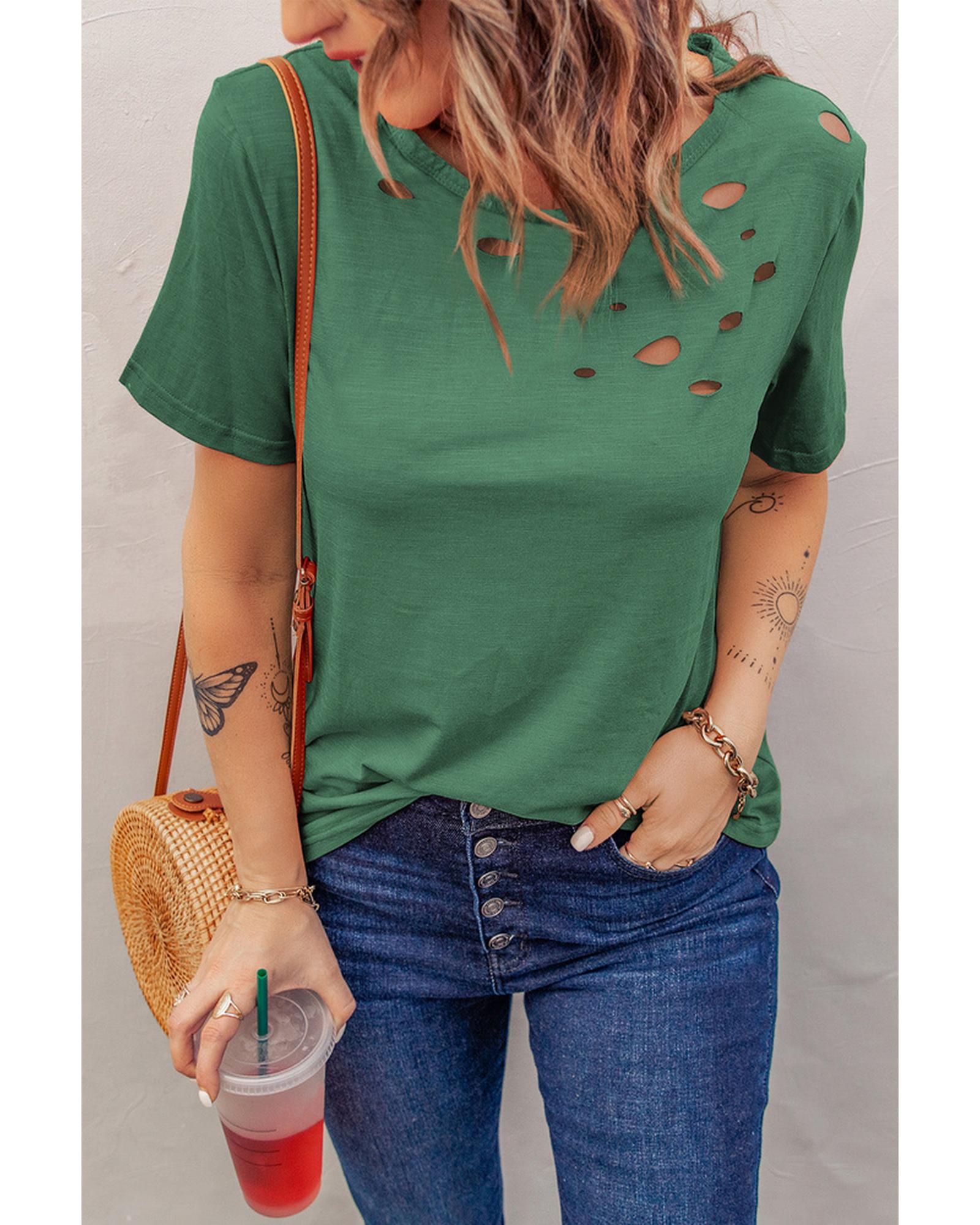 Azura Exchange Holes Crew Neck Cotton Mixed T-shirt - L