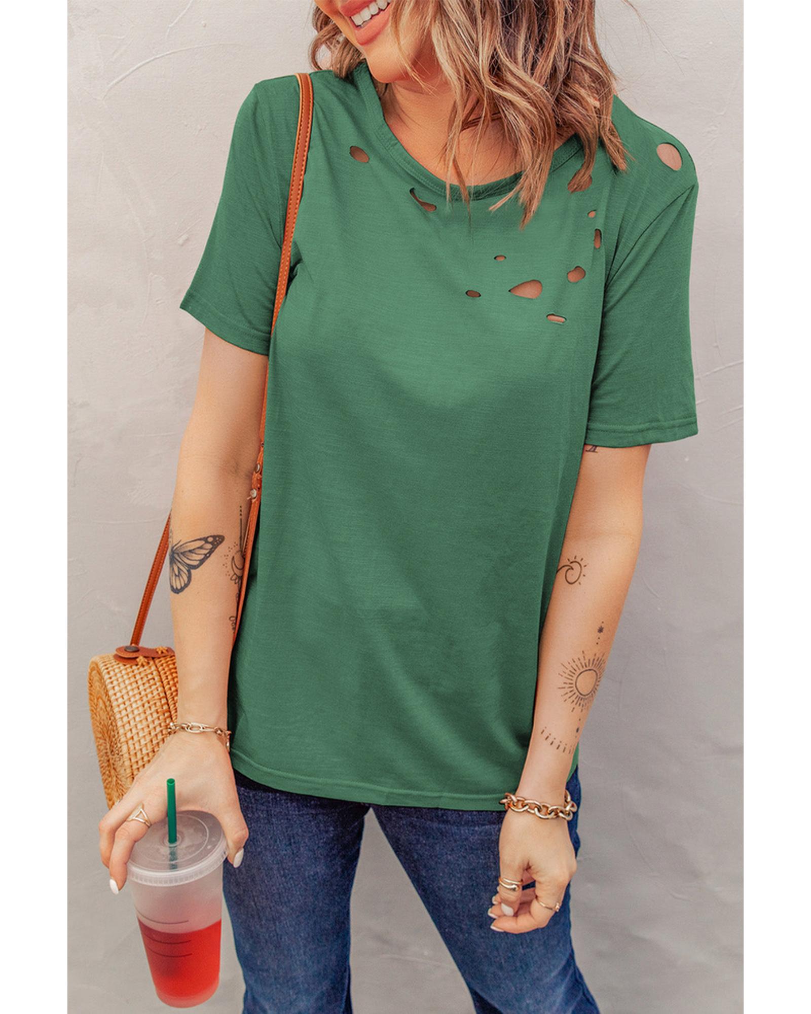 Azura Exchange Holes Crew Neck Cotton Mixed T-shirt - L