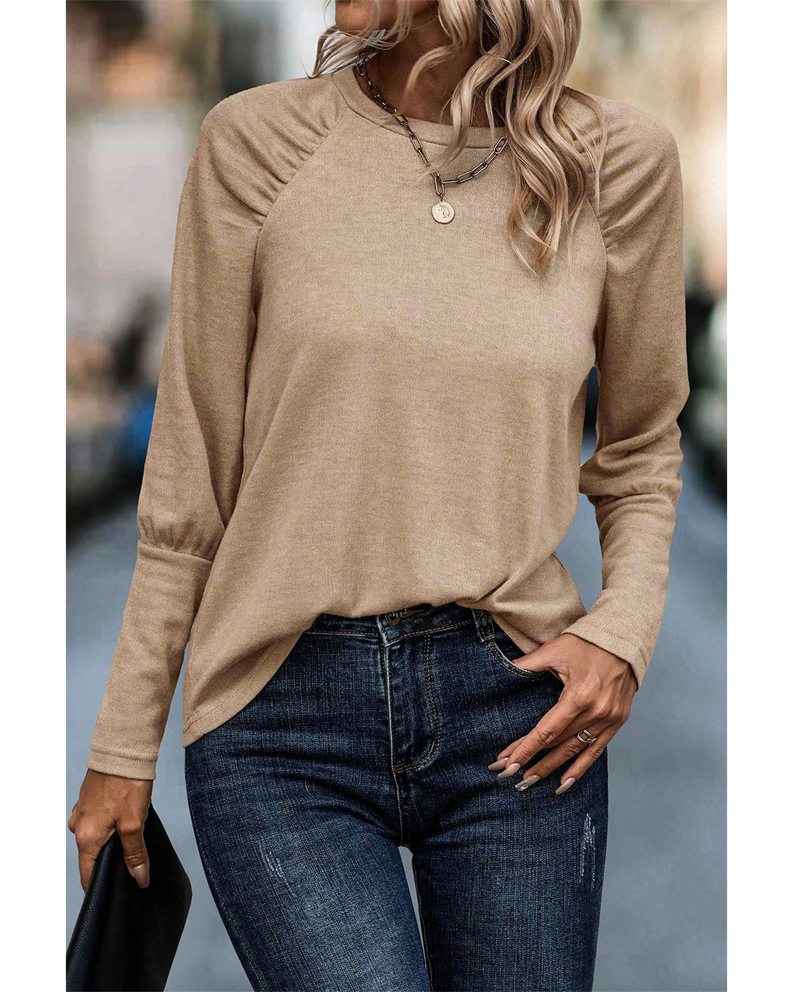 Pale Khaki Solid Ruched Raglan Sleeve Knit Top - L