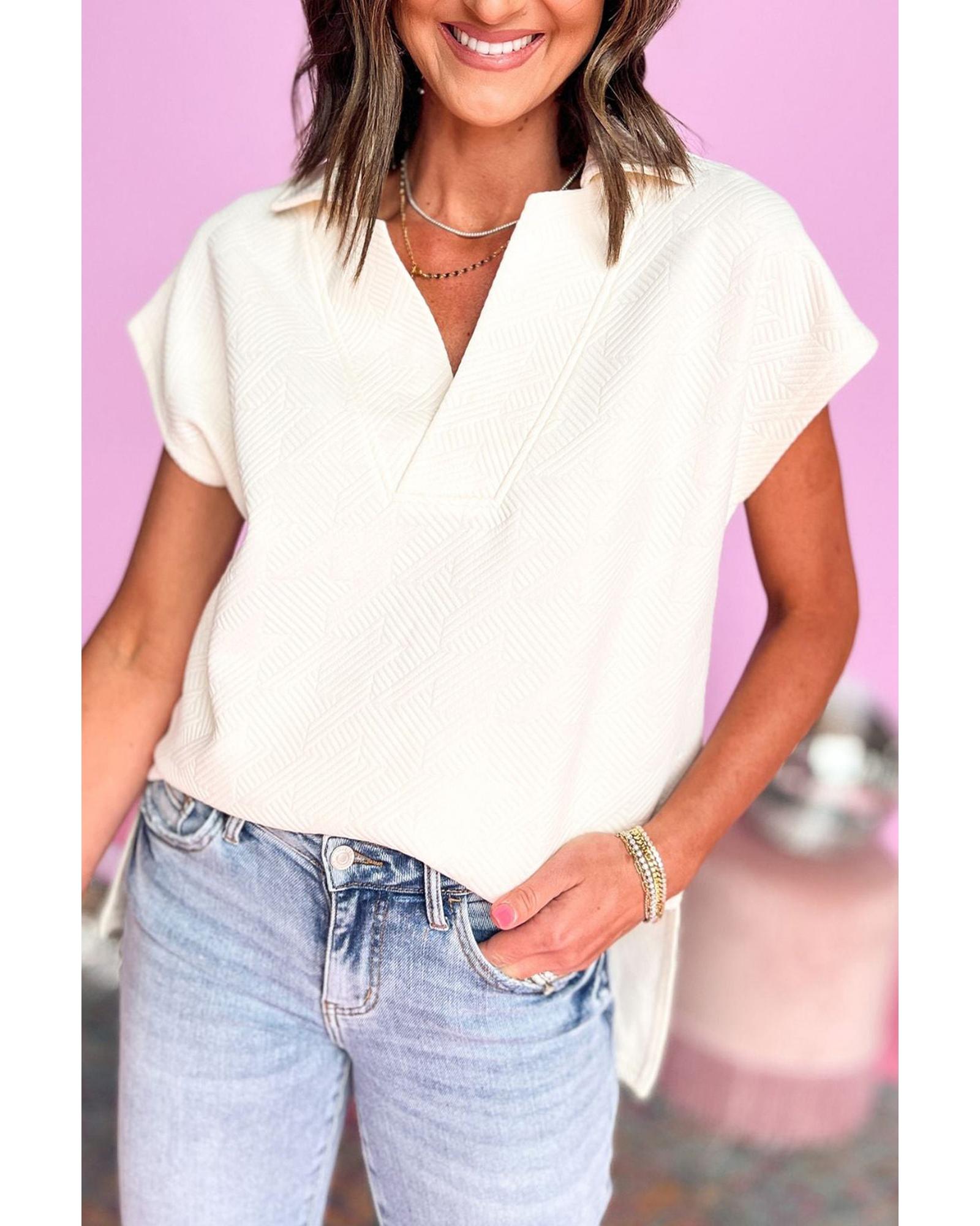 Azura Exchange White Textured V Neck Collared Short Sleeve Top - M