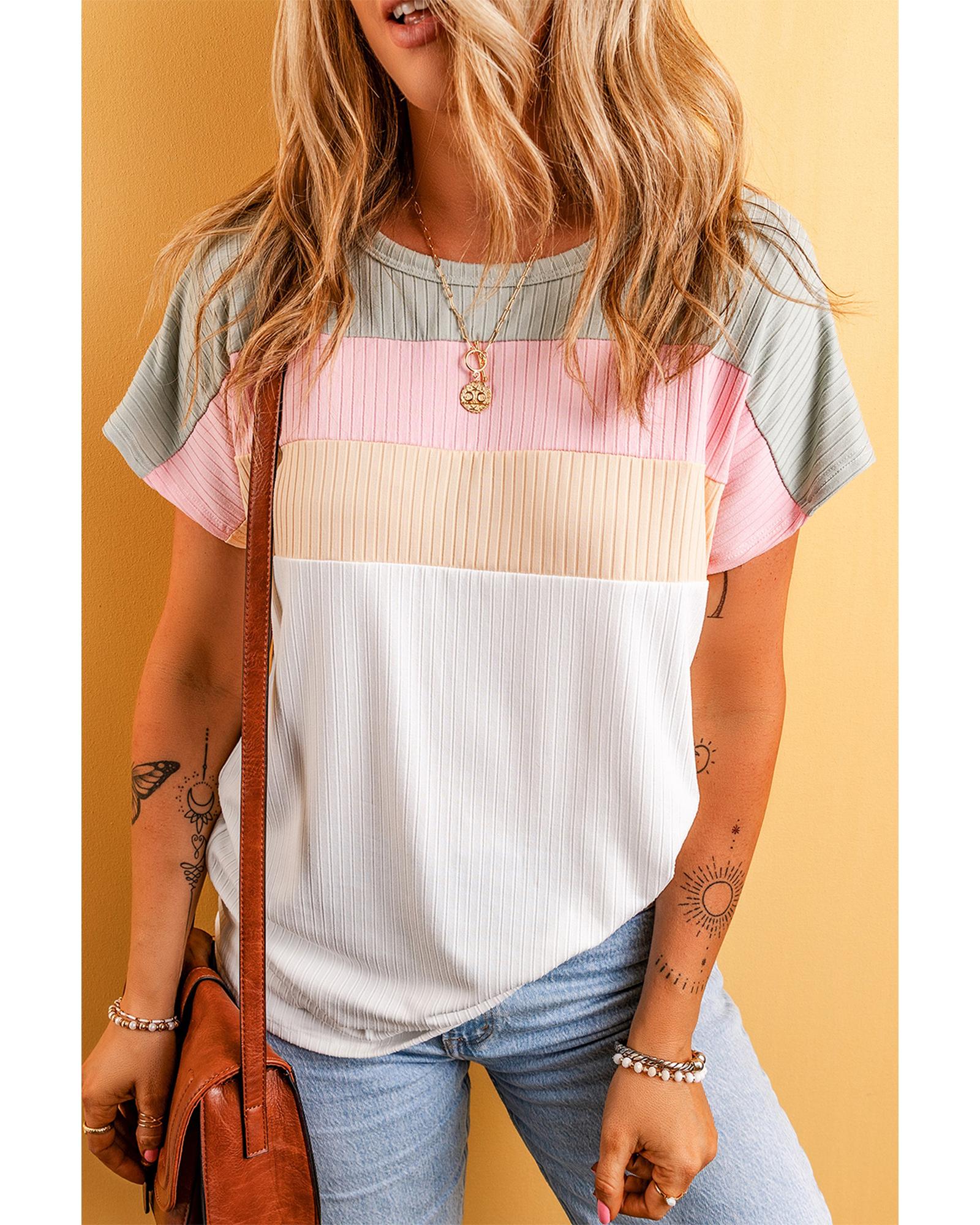 White Ribbed Color Block Patchwork T-shirt - L