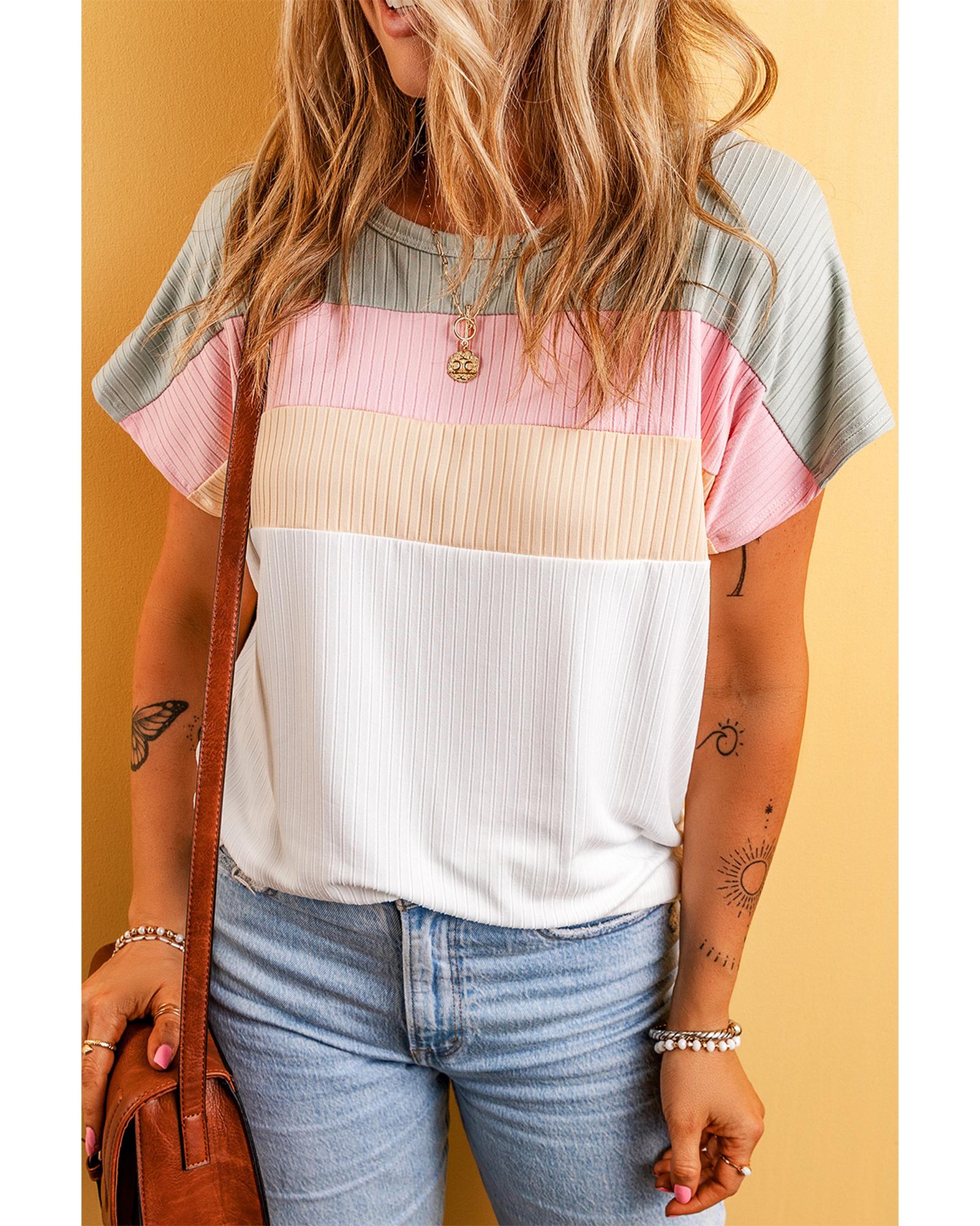 White Ribbed Color Block Patchwork T-shirt - L