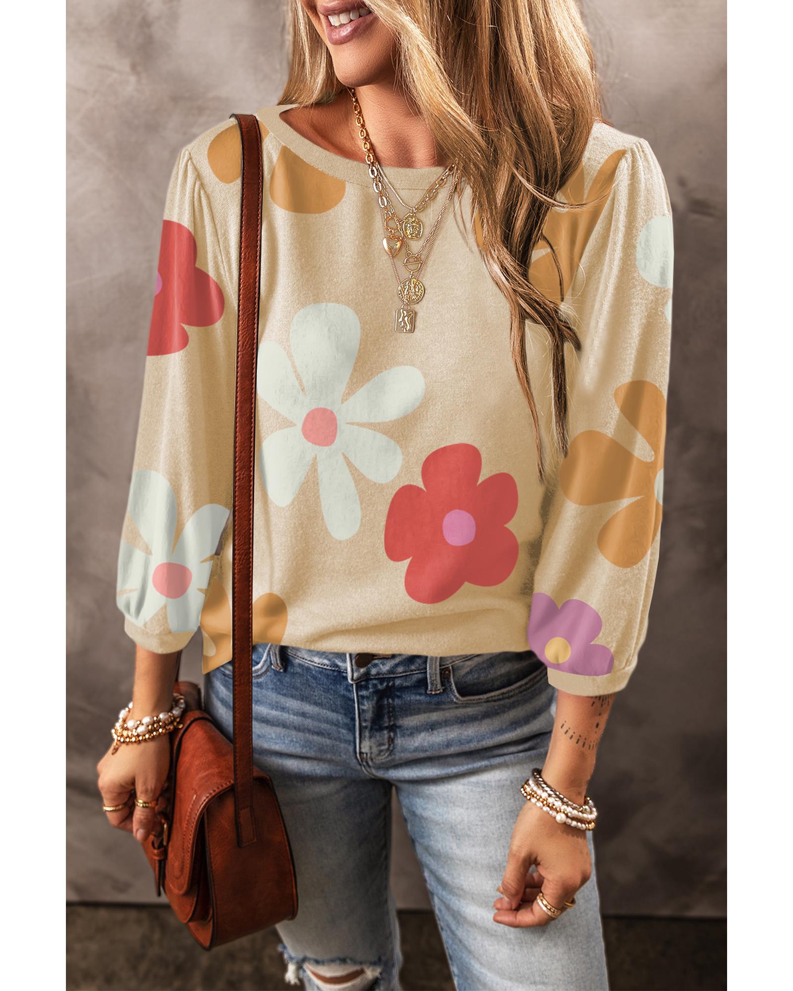 Apricot Cute Flower Print Bracelet Sleeve Top - S