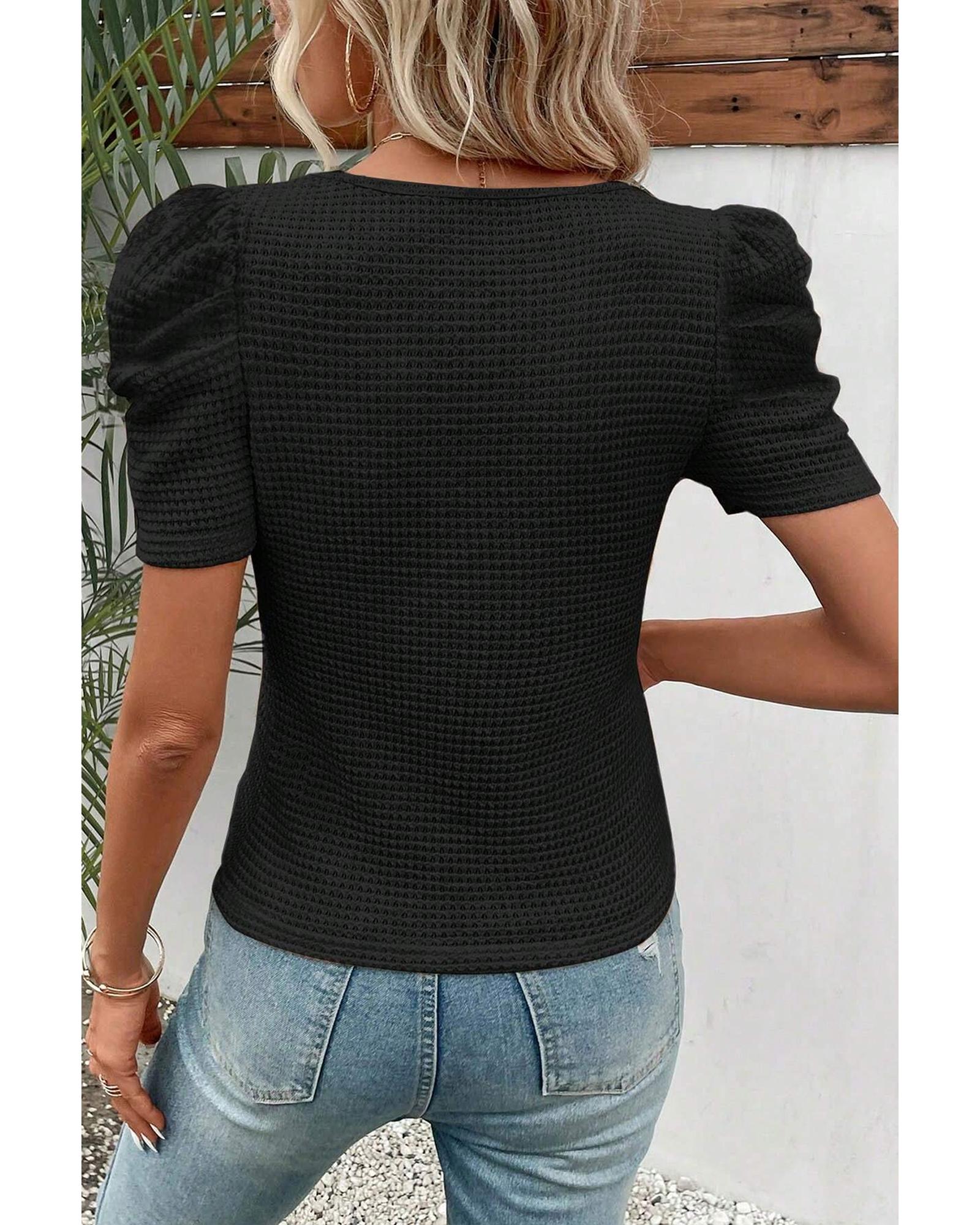 Black Waffle Knit Ruched Puff Sleeve Top - L