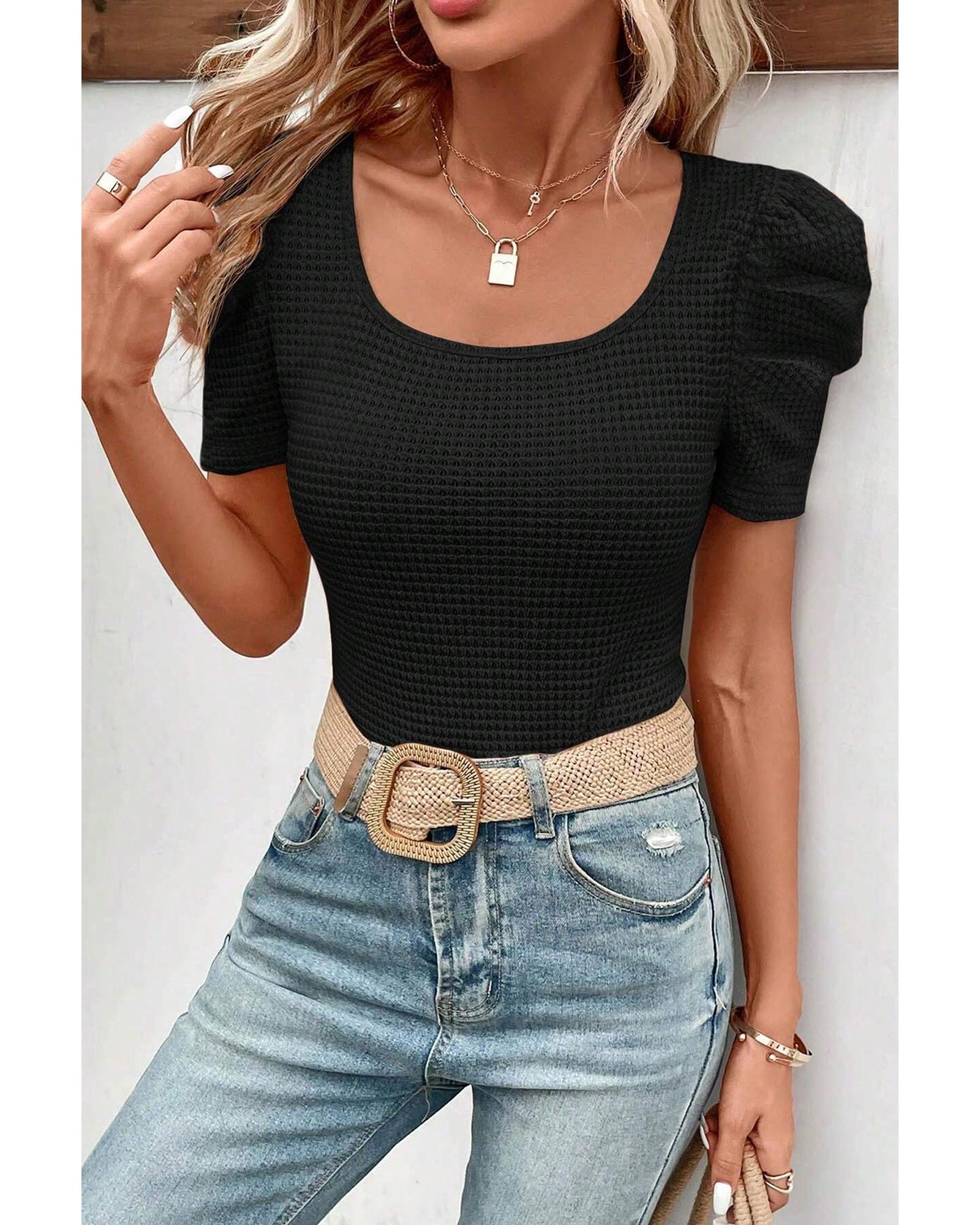 Black Waffle Knit Ruched Puff Sleeve Top - L