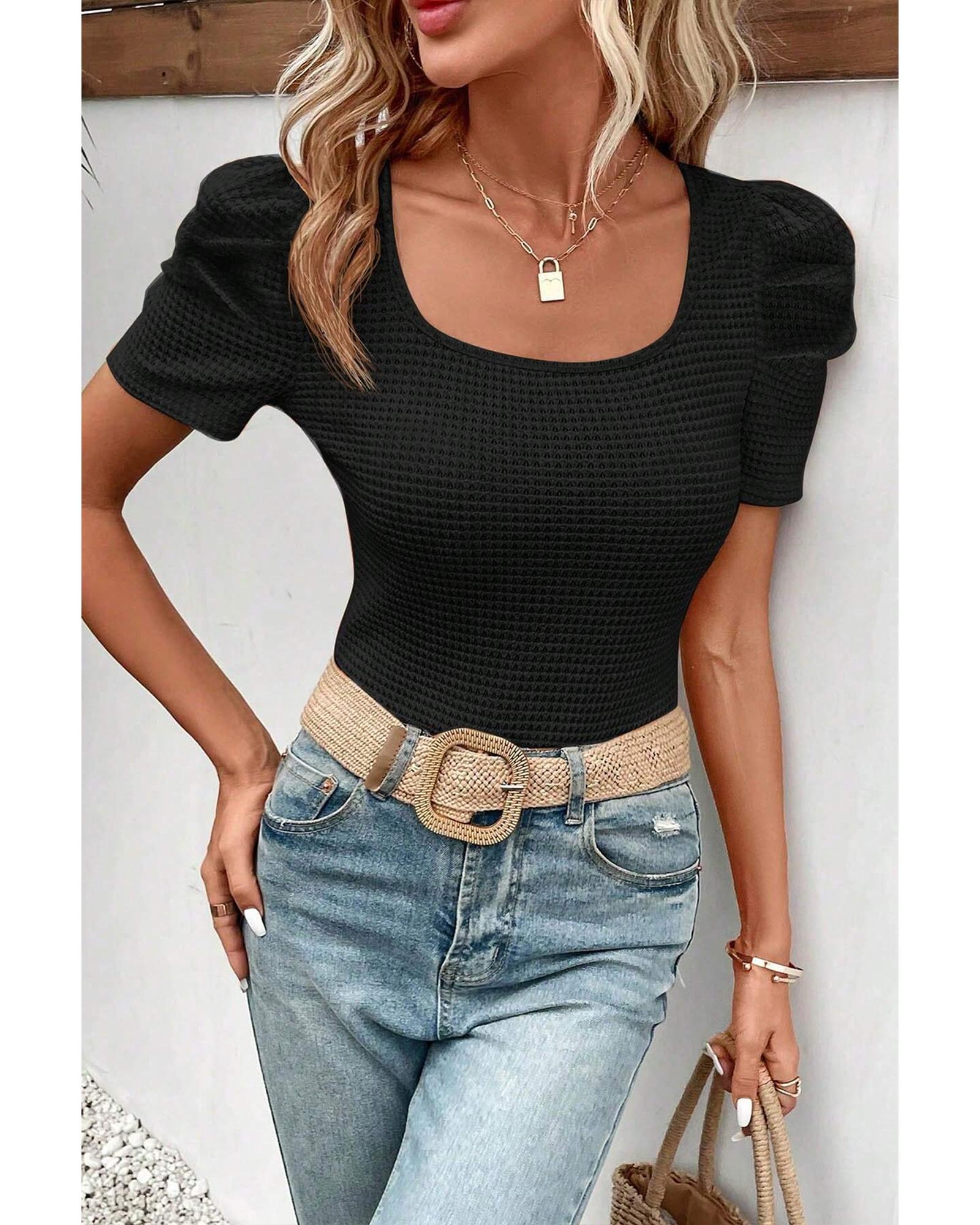 Black Waffle Knit Ruched Puff Sleeve Top - XL