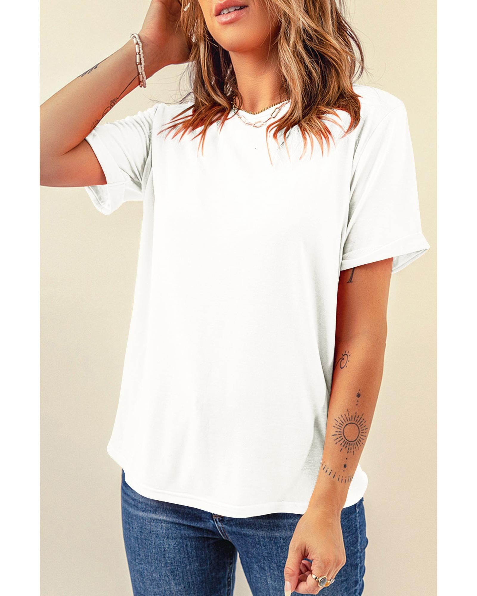 White Casual Plain Crew Neck Tee - 2XL