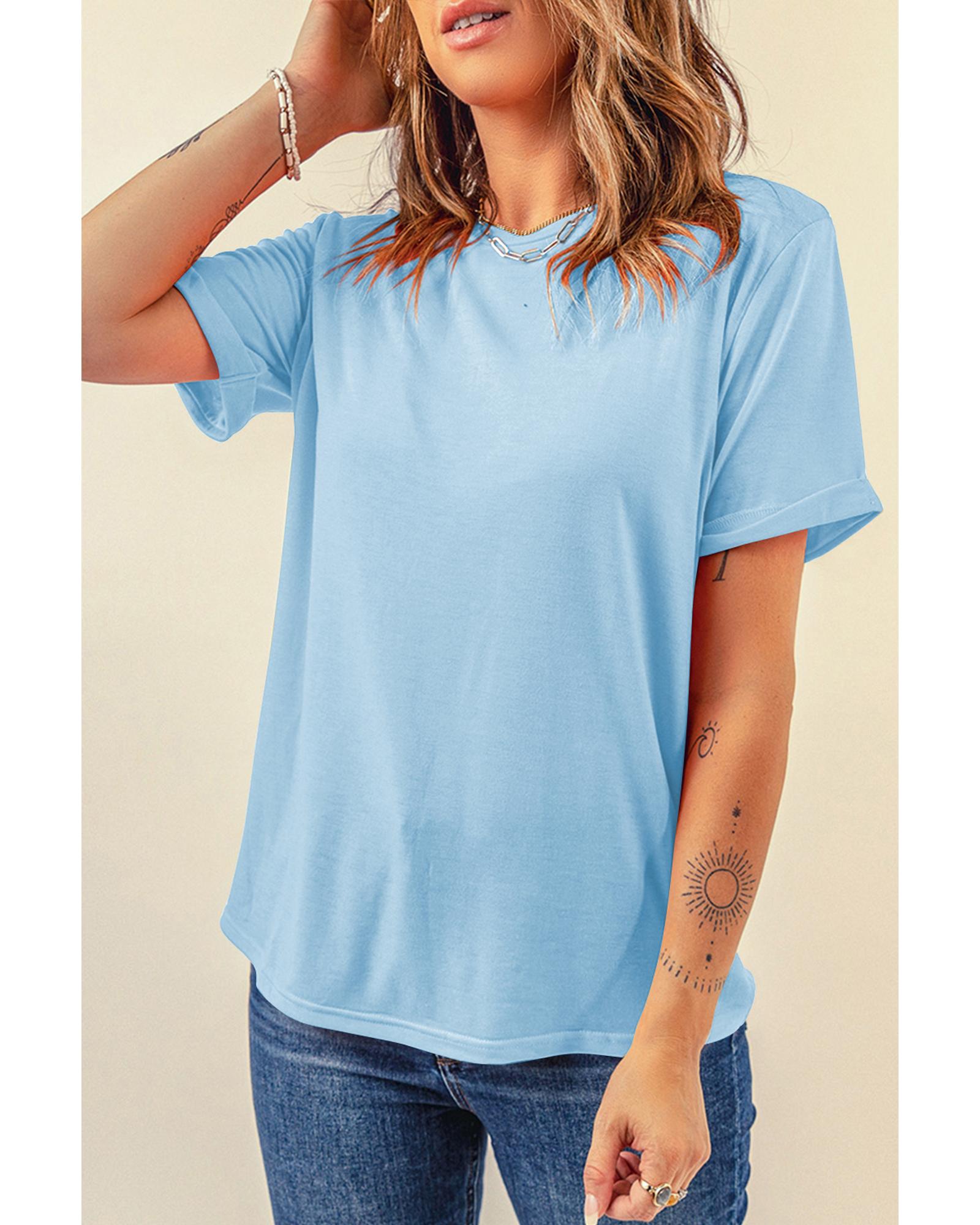 Light Blue Bright Casual Plain Crew Neck Tee - S