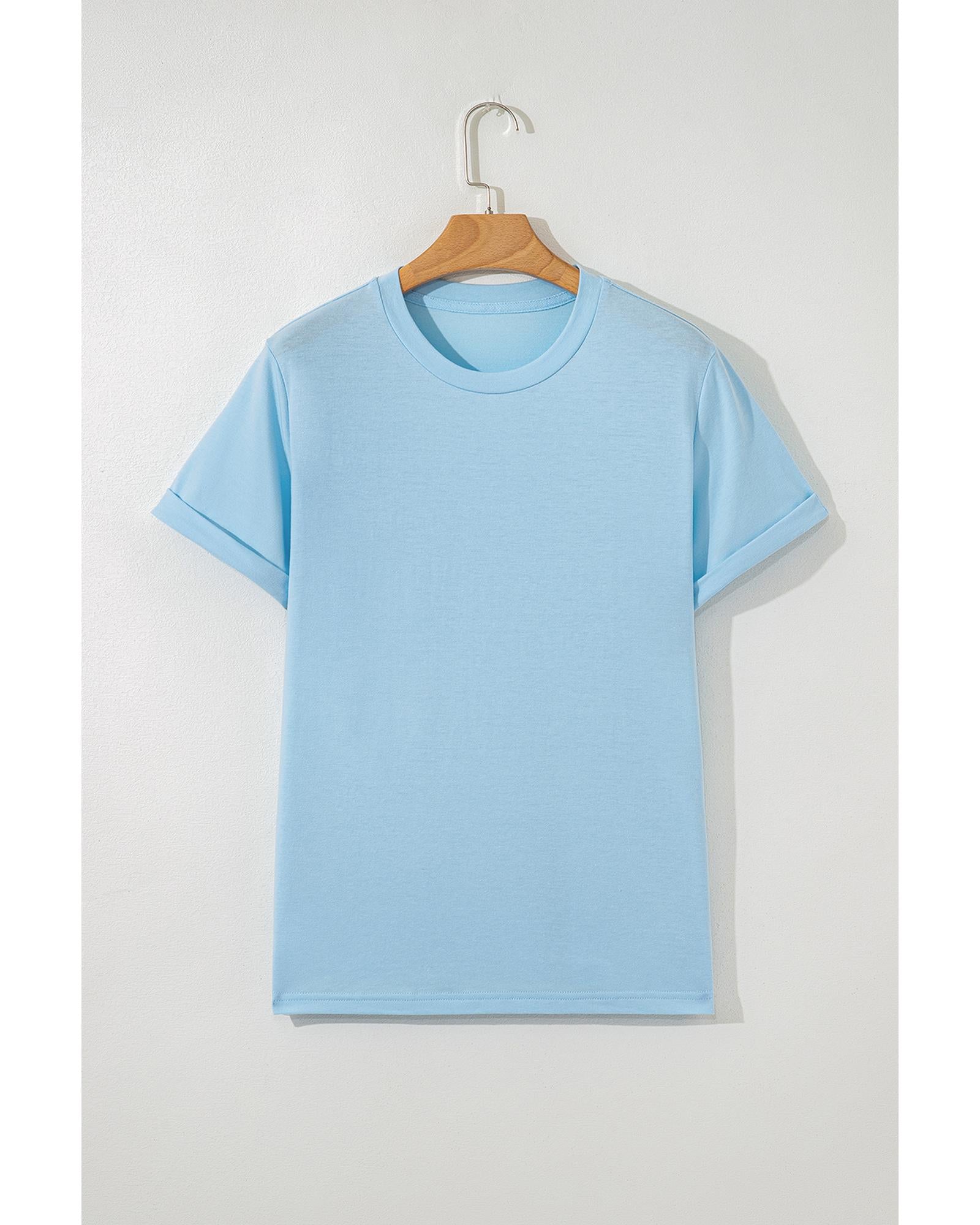 Light Blue Bright Casual Plain Crew Neck Tee - S