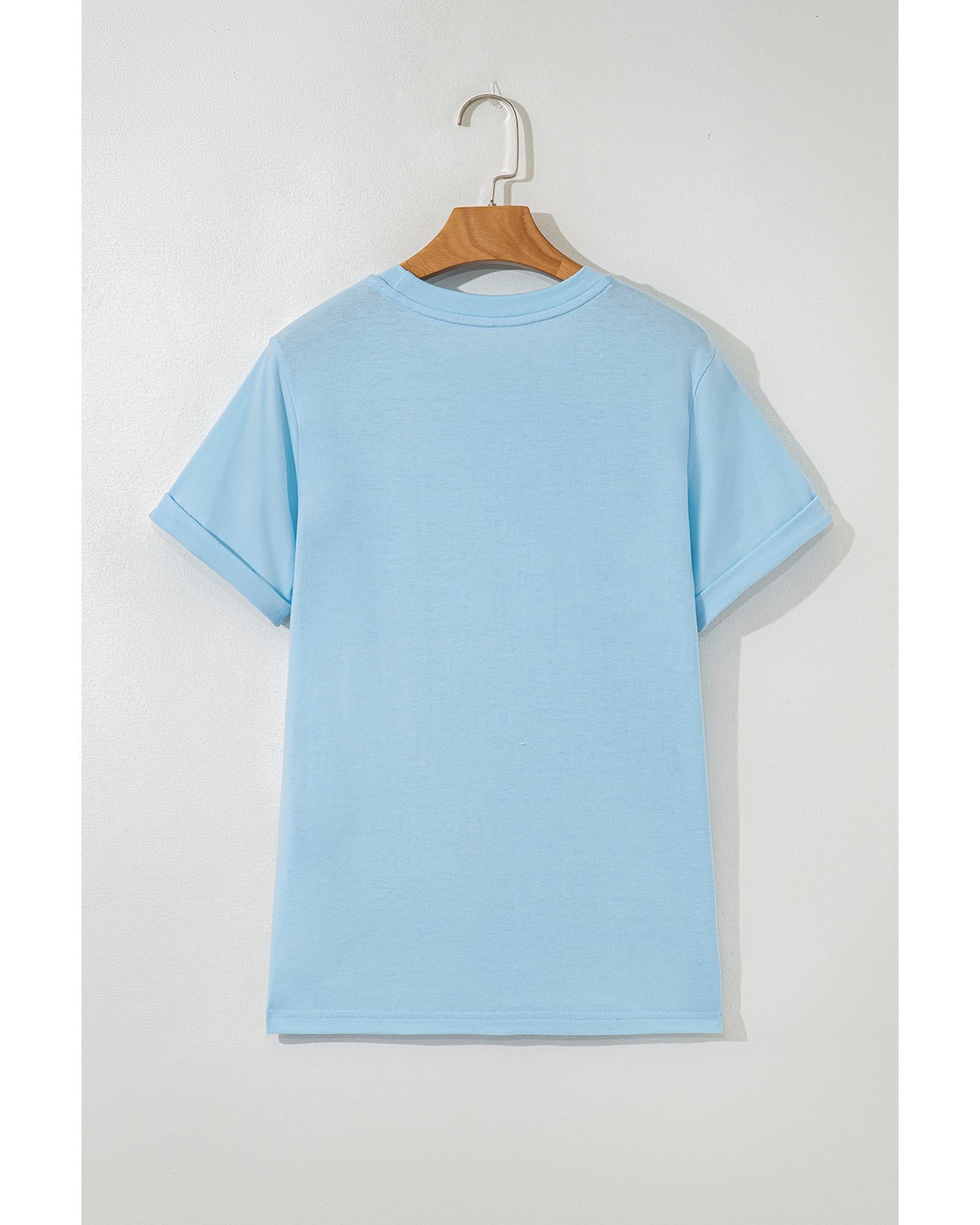Light Blue Bright Casual Plain Crew Neck Tee - S