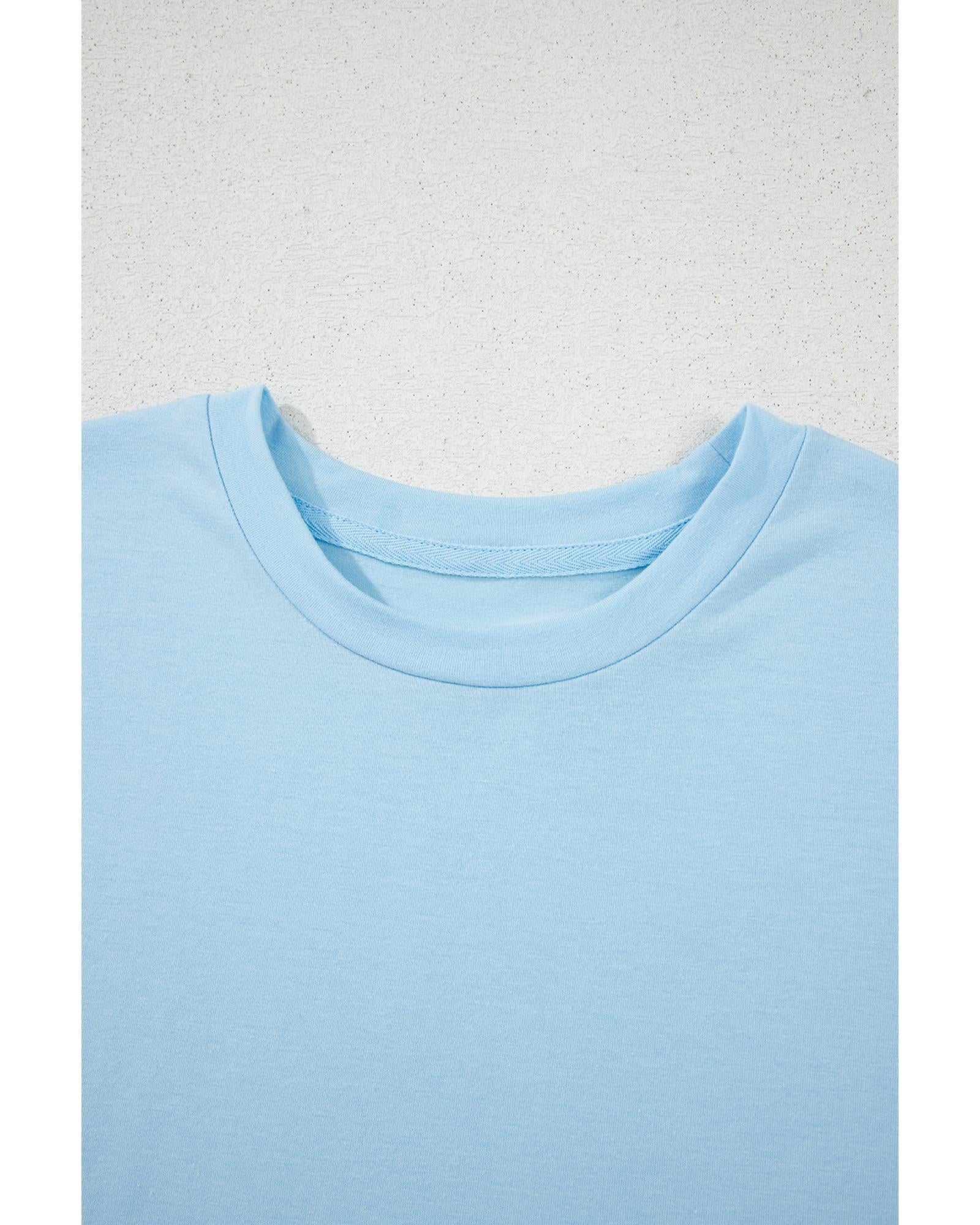 Light Blue Bright Casual Plain Crew Neck Tee - S