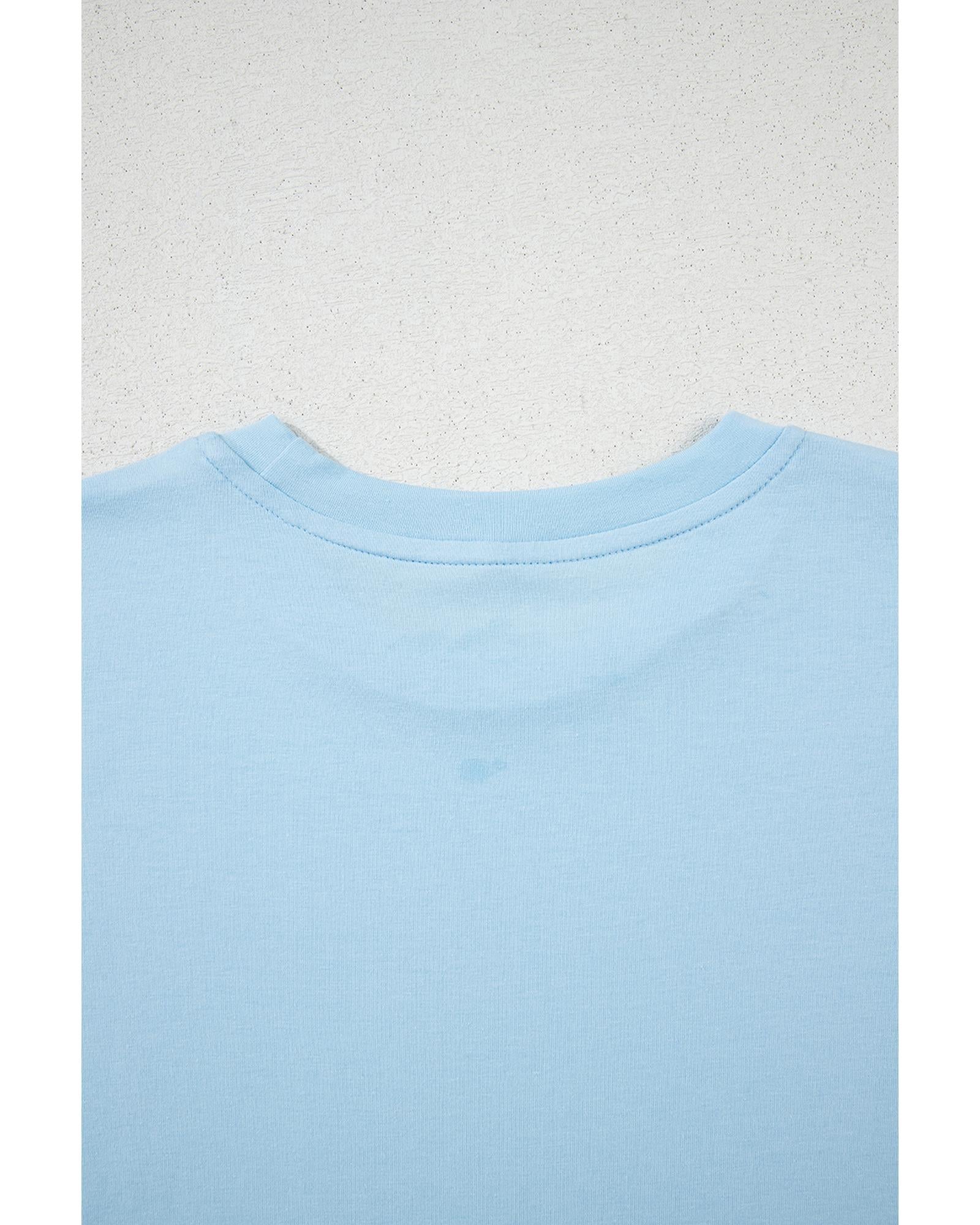 Light Blue Bright Casual Plain Crew Neck Tee - S