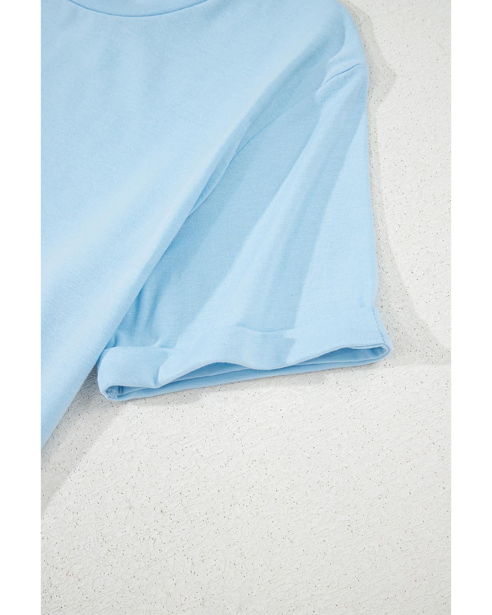 Light Blue Bright Casual Plain Crew Neck Tee - S