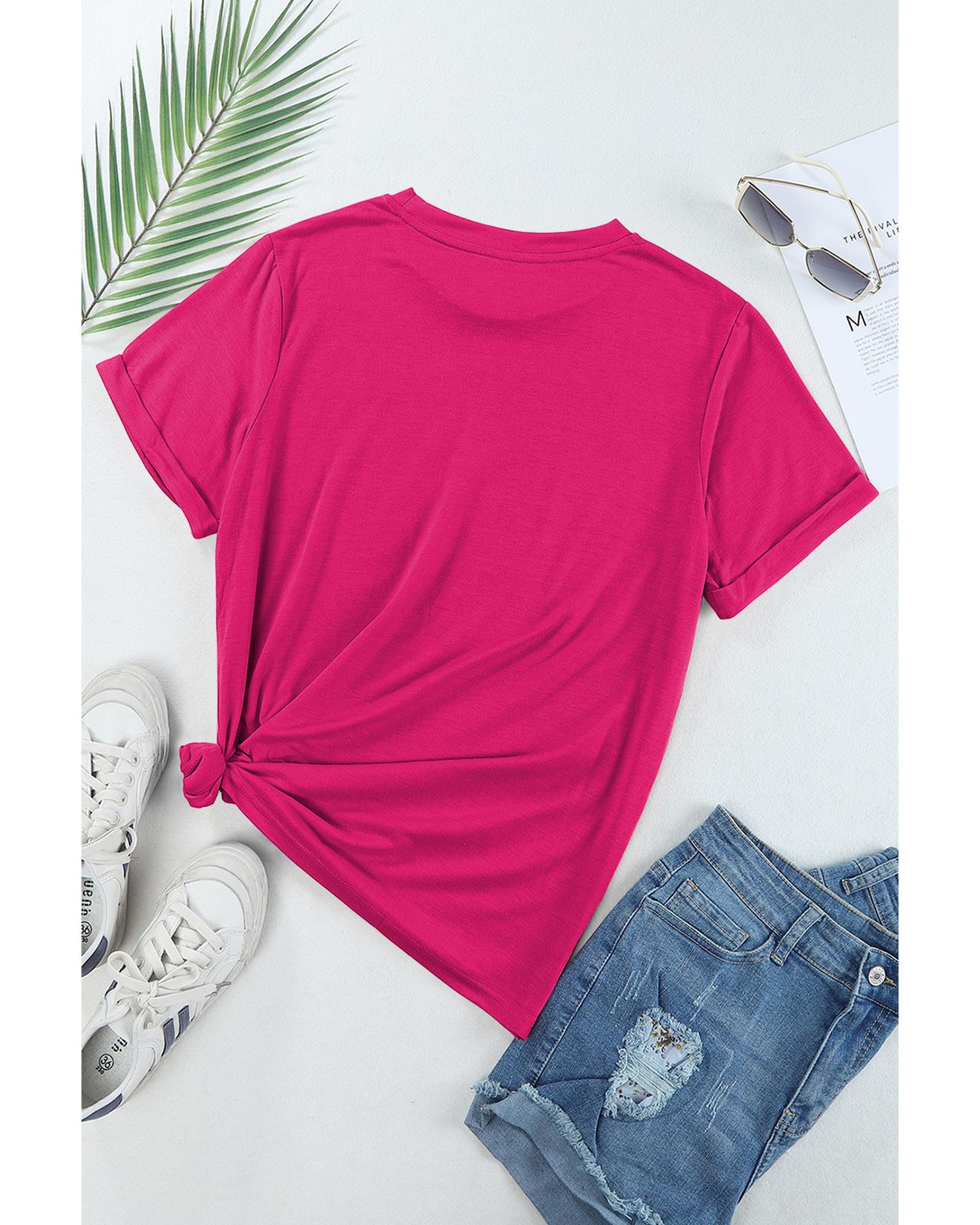 Rose Red Casual Plain Crew Neck Tee - M