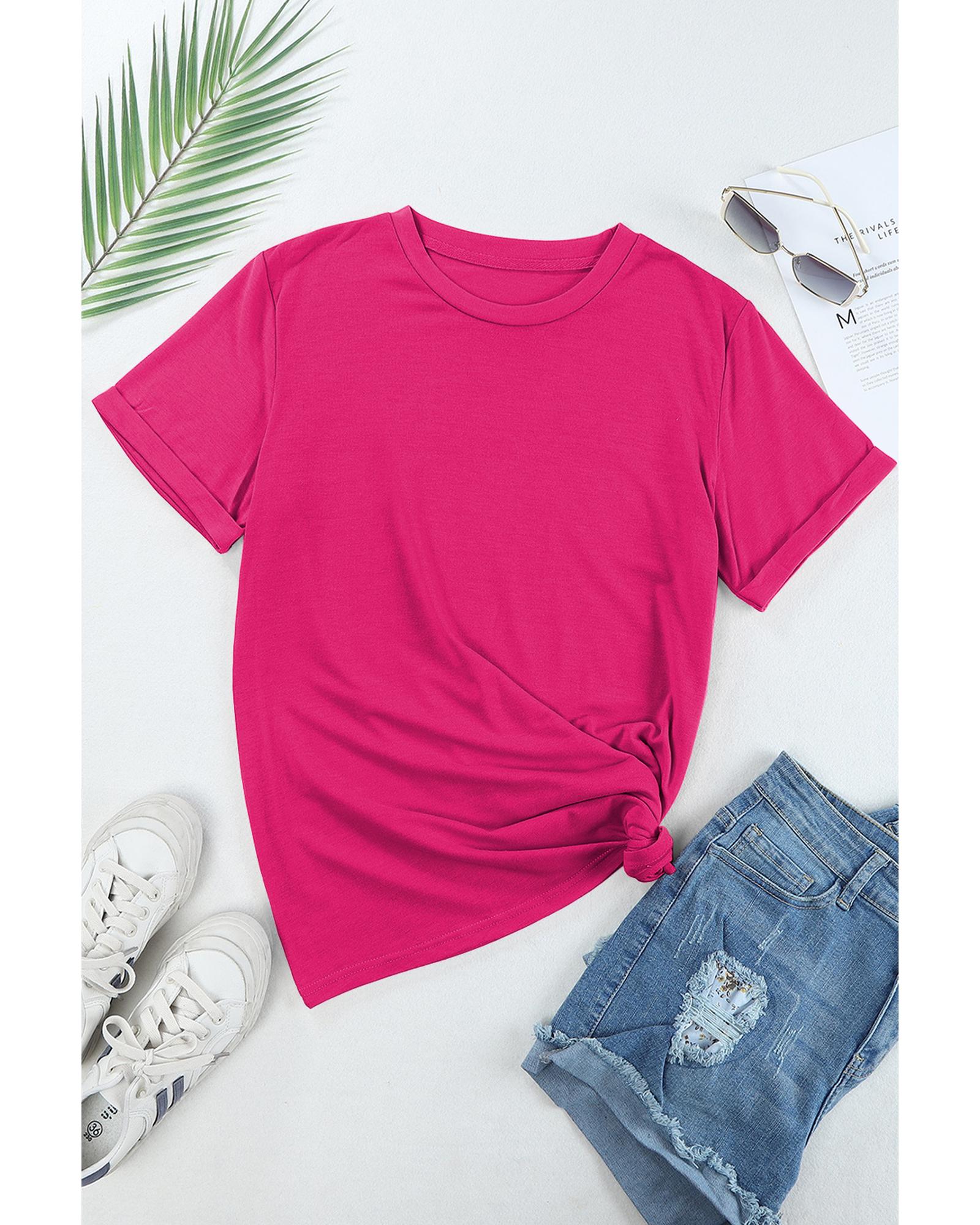 Rose Red Casual Plain Crew Neck Tee - M