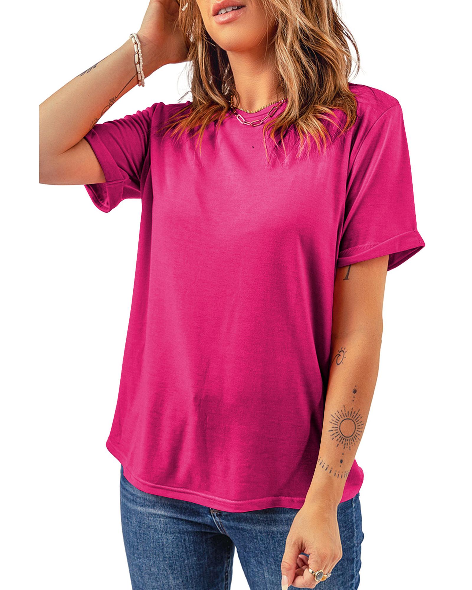 Rose Red Casual Plain Crew Neck Tee - M