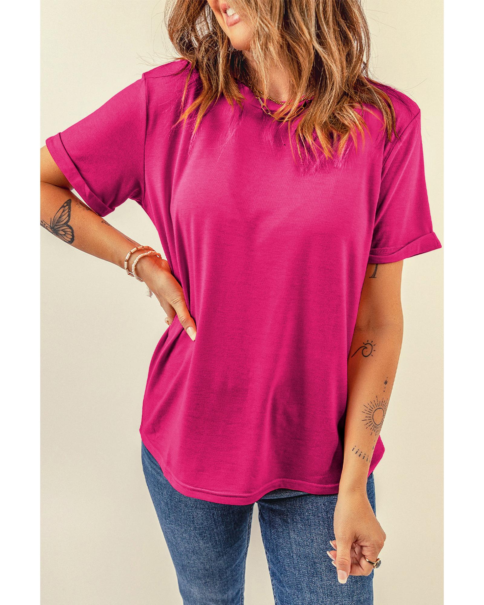 Rose Red Casual Plain Crew Neck Tee - XL
