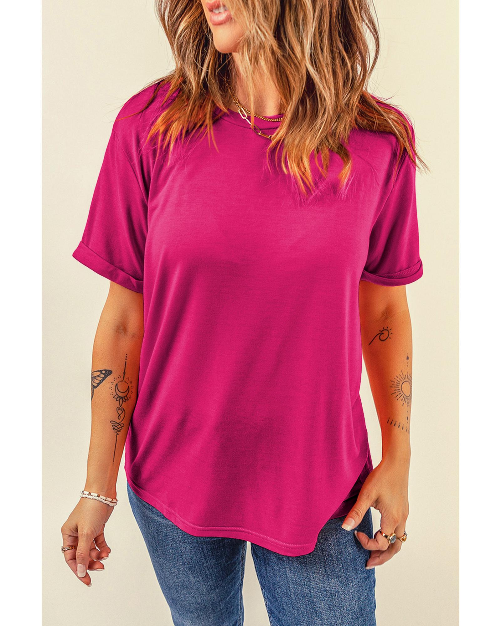 Rose Red Casual Plain Crew Neck Tee - XL