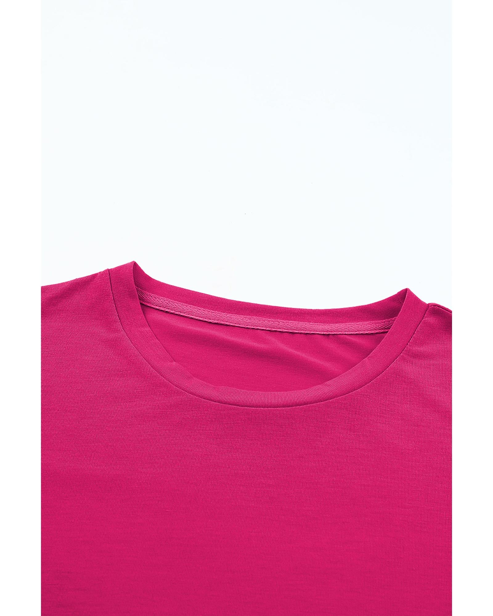 Rose Red Casual Plain Crew Neck Tee - XL