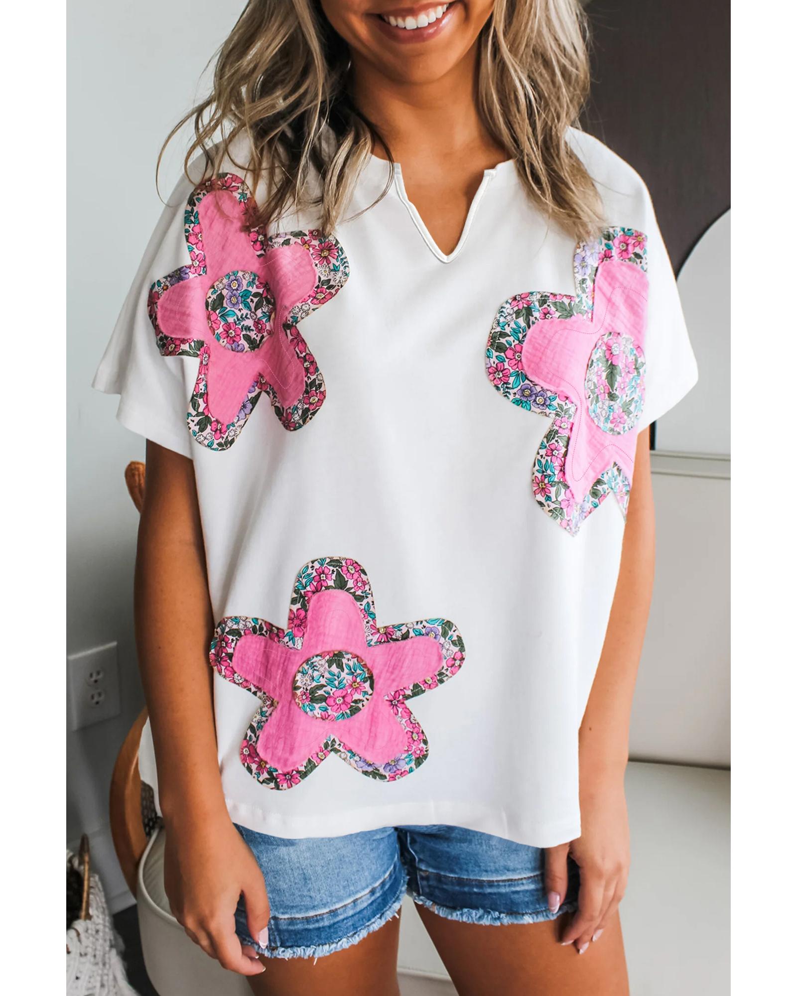 White Floral Applique Notched V Neck Dolman Sleeve Top - L