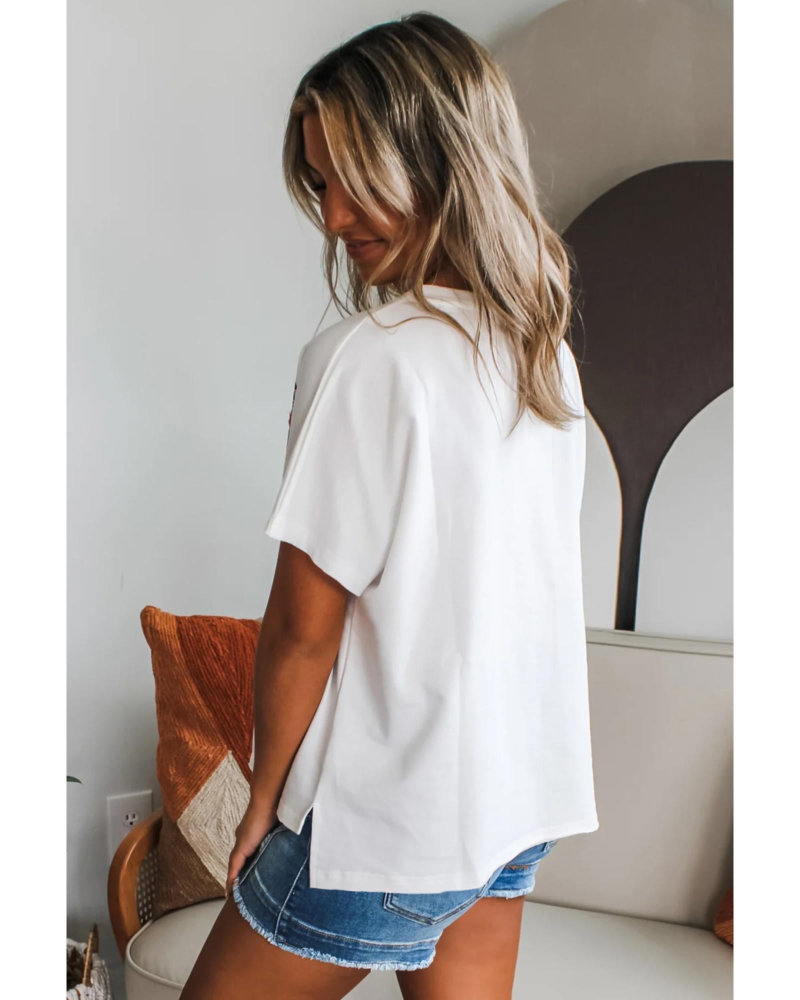 White Floral Applique Notched V Neck Dolman Sleeve Top - L