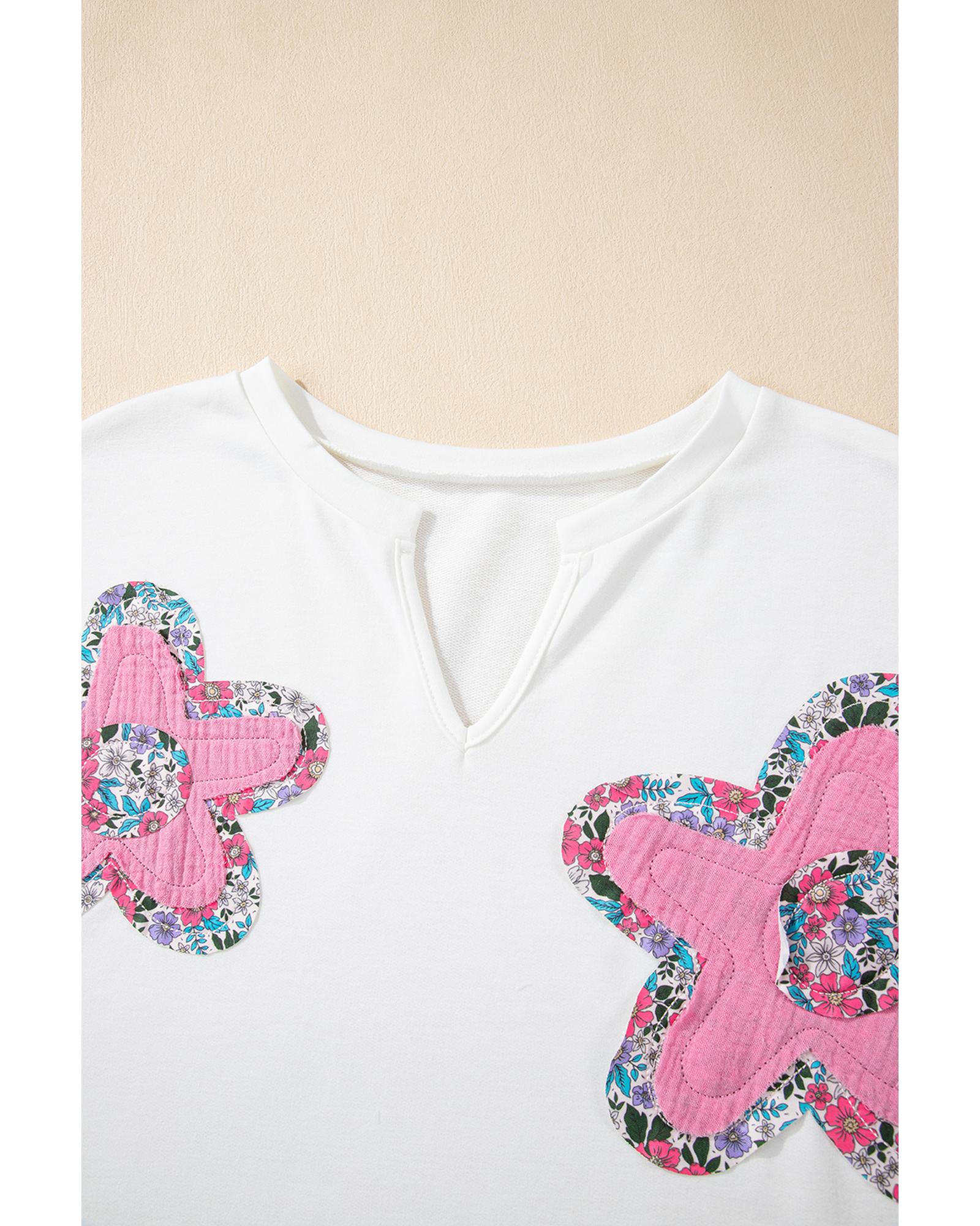 White Floral Applique Notched V Neck Dolman Sleeve Top - L