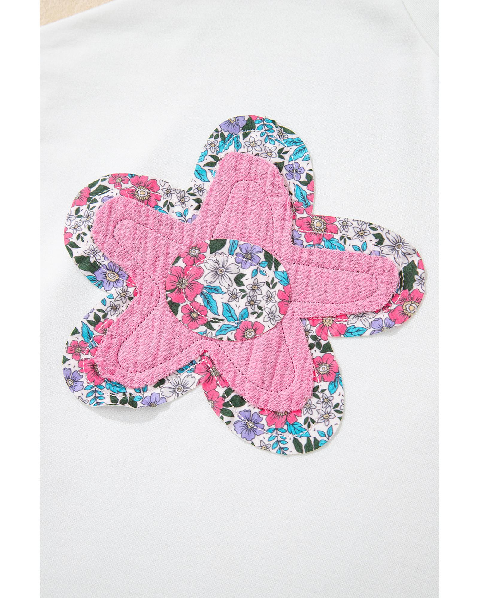 White Floral Applique Notched V Neck Dolman Sleeve Top - L