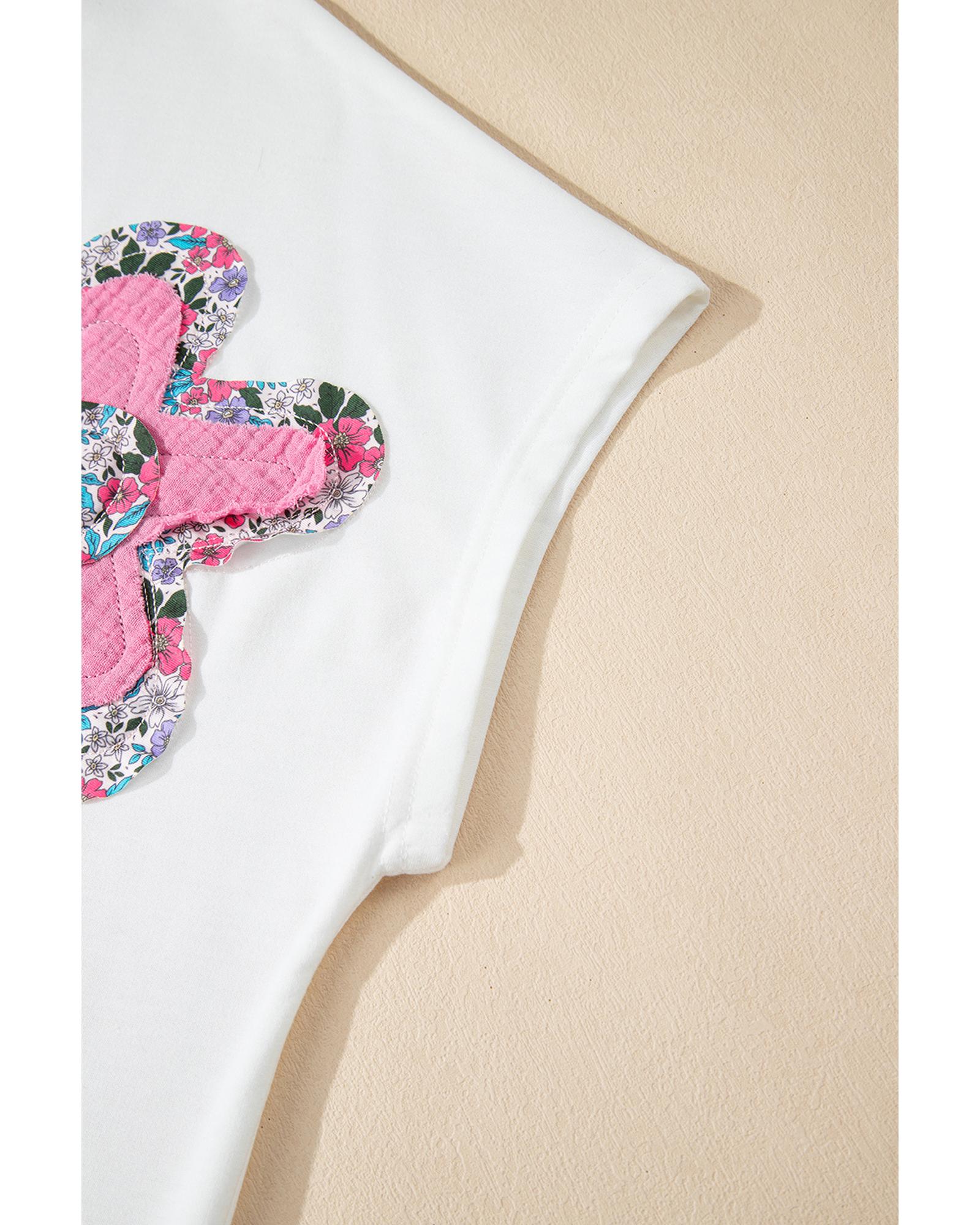 White Floral Applique Notched V Neck Dolman Sleeve Top - L