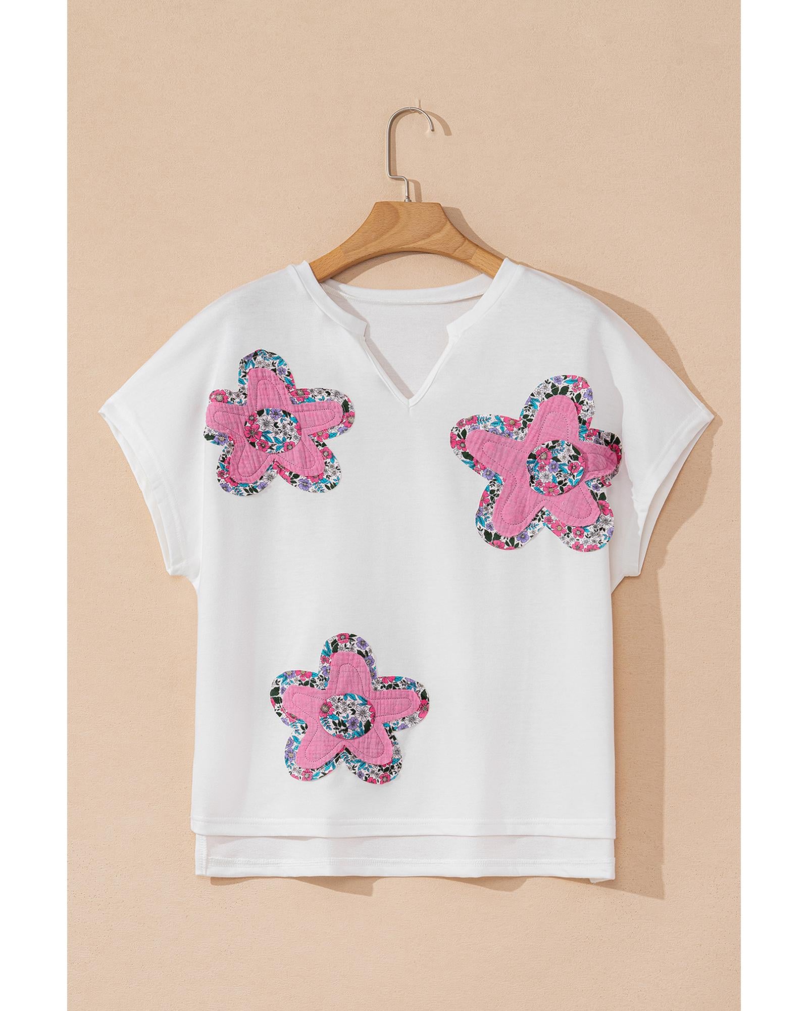 White Floral Applique Notched V Neck Dolman Sleeve Top - M